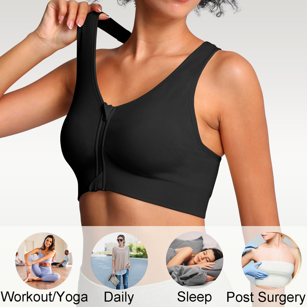 Lemef Soutiens-Gorge de Sport à Fermeture Éclair Avant pour Femmes Soutien-Gorge Post-Chirurgie sans Armature Fermeture Avant Dos Nageur Compression Mastectomie