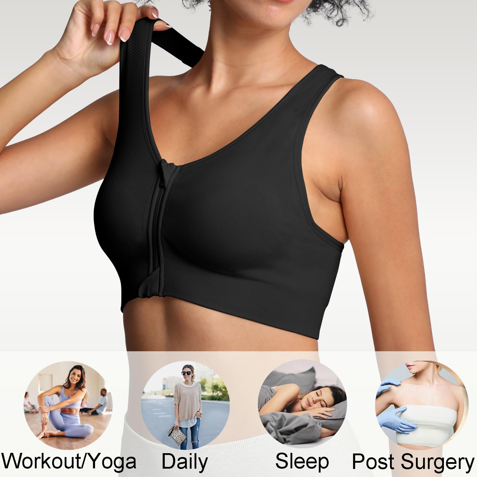 Lemef Soutiens-Gorge de Sport à Fermeture Éclair Avant pour Femmes Soutien-Gorge Post-Chirurgie sans Armature Fermeture Avant Dos Nageur Compression Mastectomie