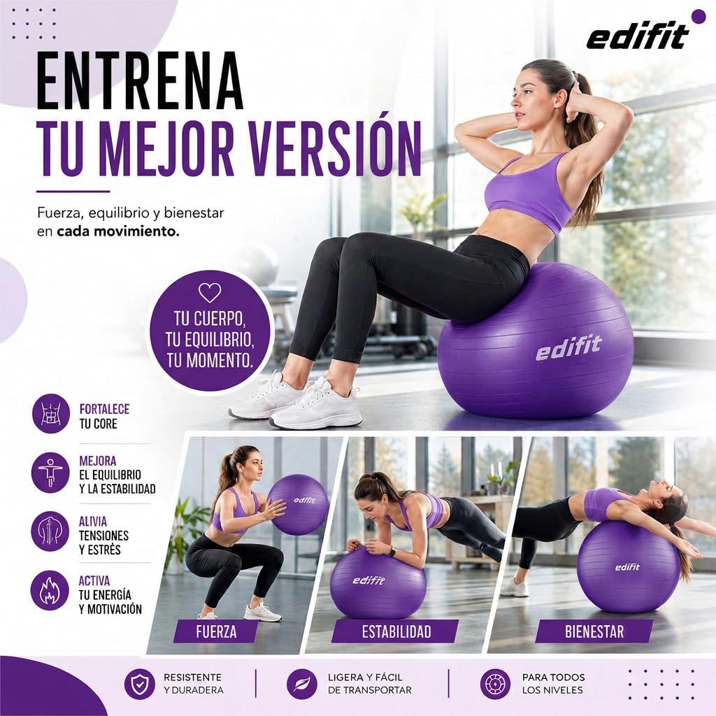 EDIFIT Palla Fitness, Pilates Attrezzi Casa, Incluso il Gonfiatore, Fitball, Yoga Accessori, Palla Gravidanza, Ginnastica Ritmica