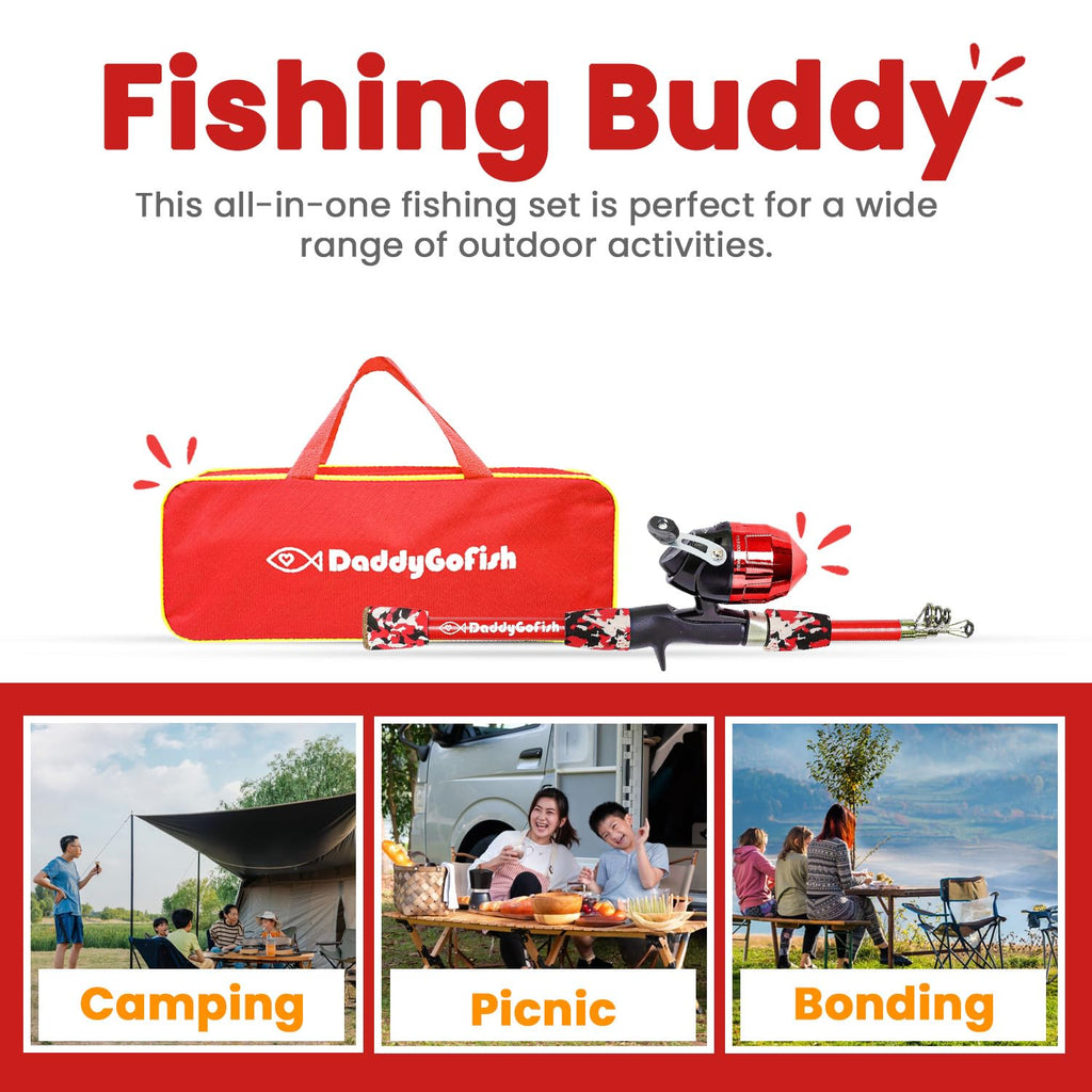 DaddyGoFish Kids Canna da Pesca Telescopica Spincast Combo Sedia Pieghevole Portacanna Tackle Box Bait Net Ragazzi Ragazze