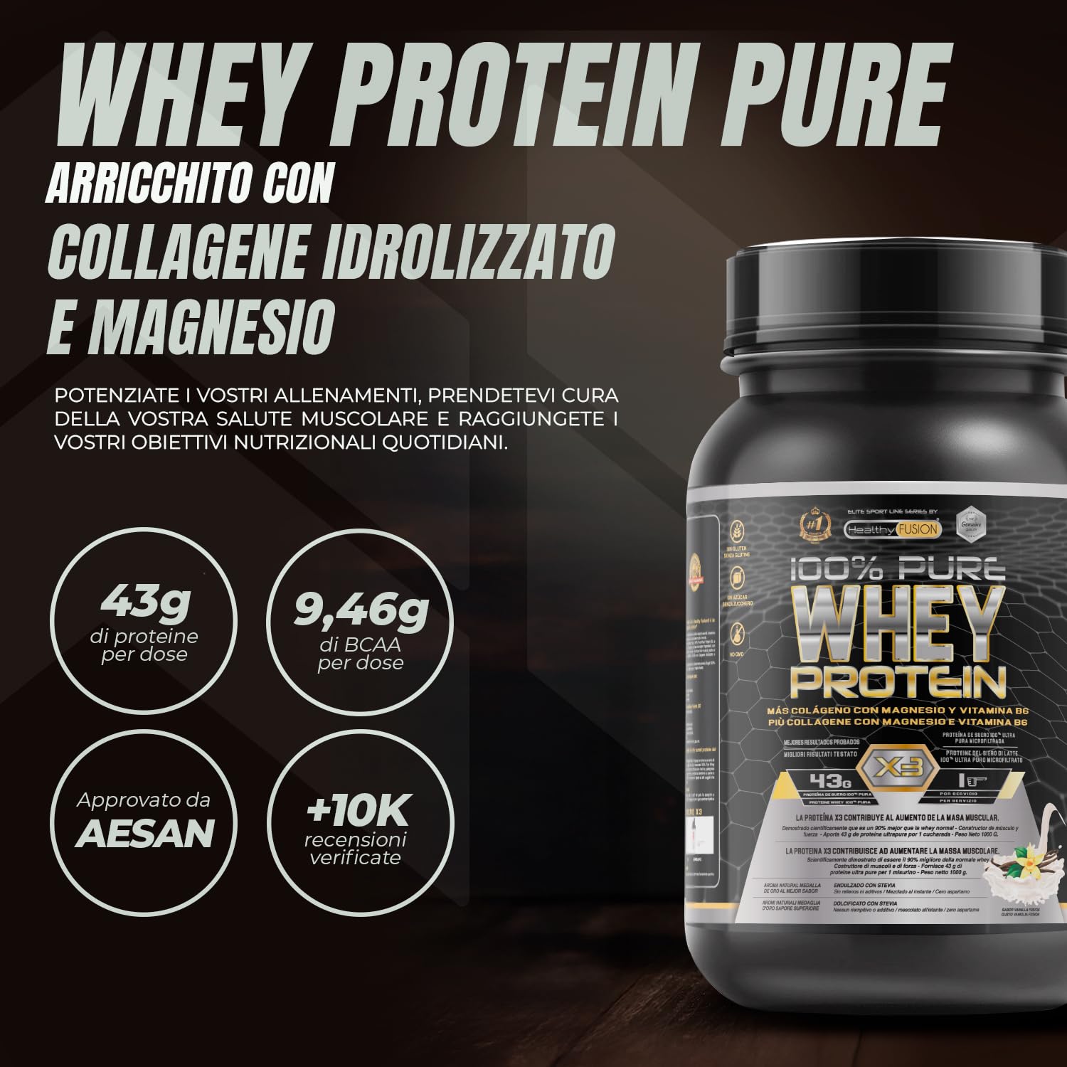 Whey Protein | Proteina Whey pura con Collagene + Magnesio | Migliora i tuoi allenamenti | Protegge e aumenta la massa muscolare | 1000g di proteina (Cioccolato)