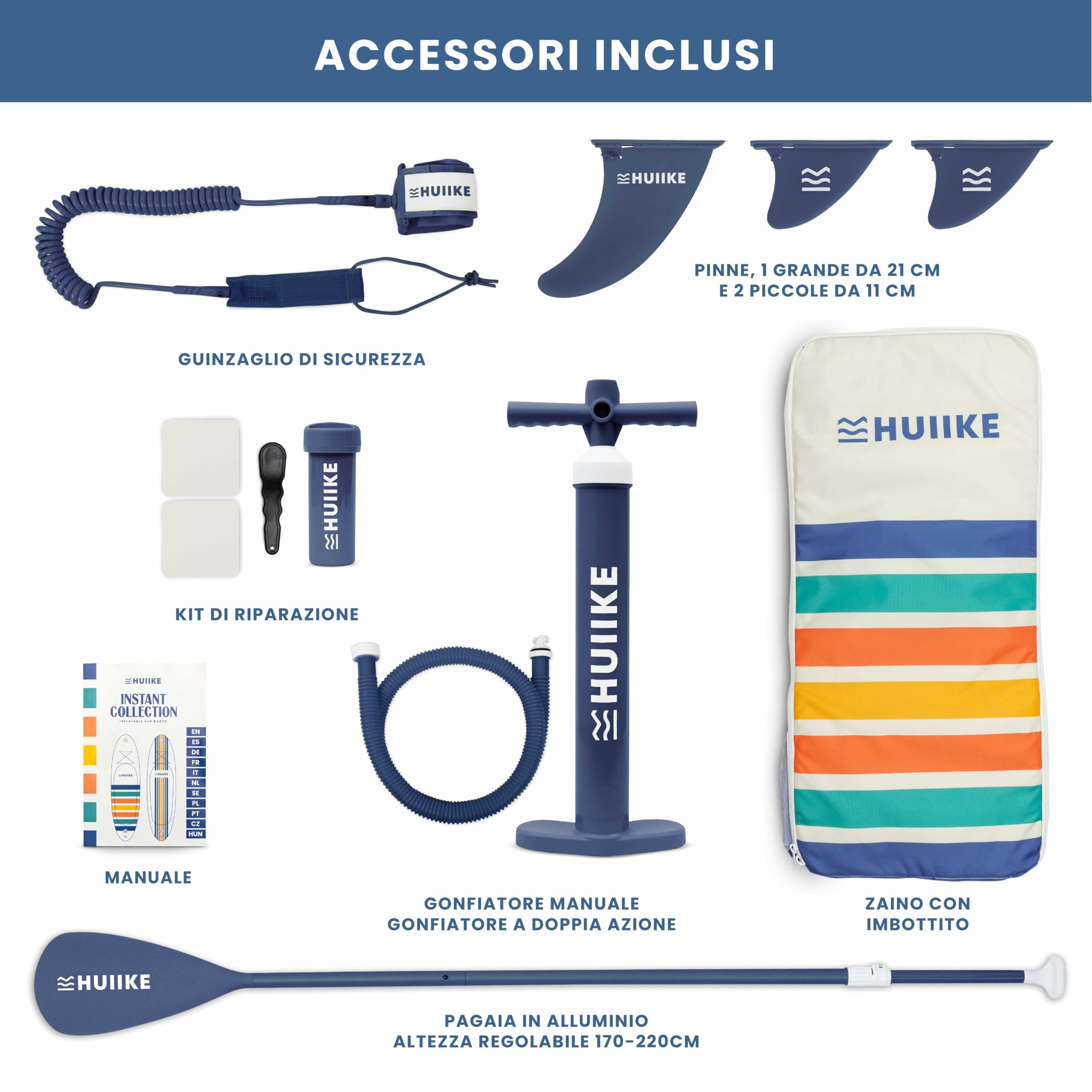 HUIIKE Tavola Sup Gonfiabile Adulti con Accessori Inclusi, Pagaia, Pinne, Pompa. Stand Up Paddle Board con Grande Stabilità e Resistenza. 305 x 84 x 15 cm, Carico Massimo 130 kg