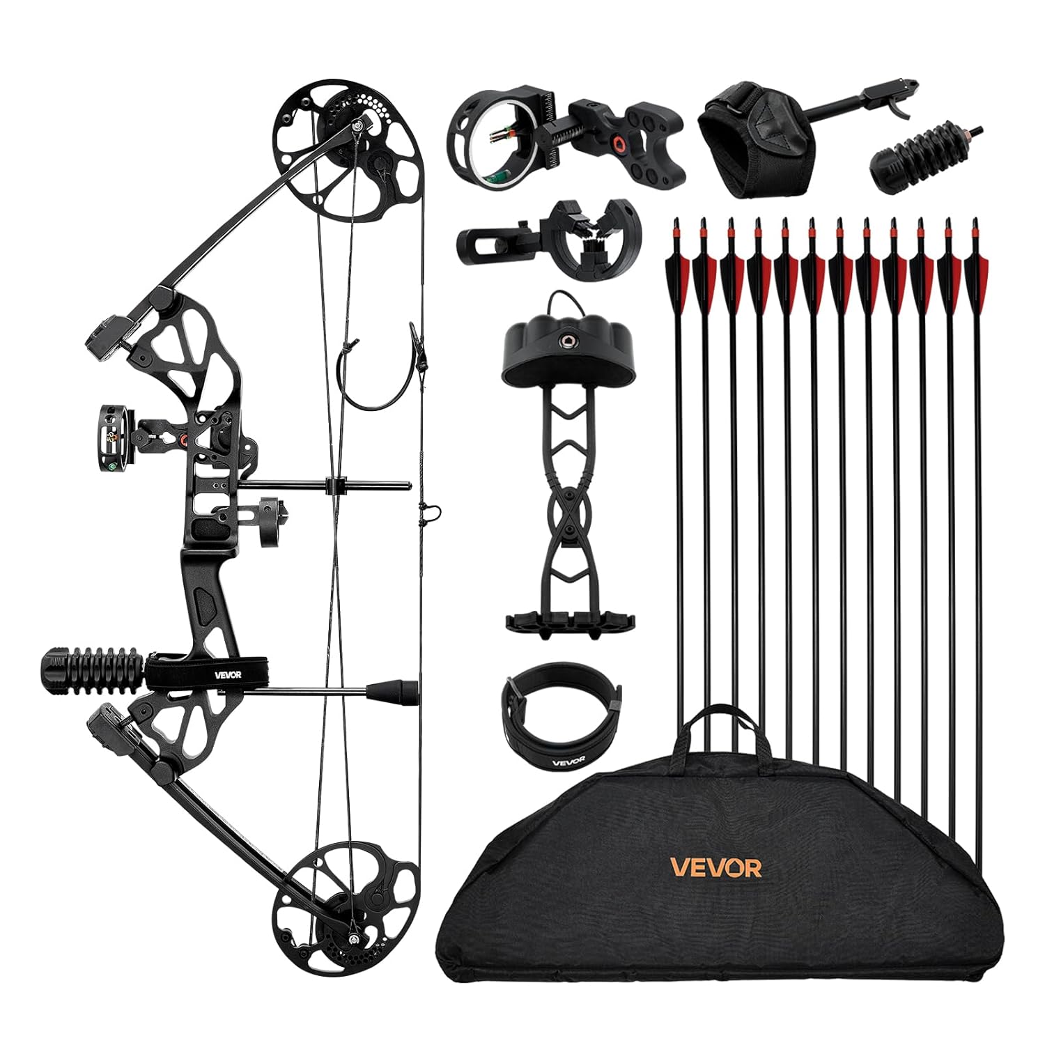 VEVOR Arc à Poulies, Kit d'Arc de Chasse Réglable de 482,6 à 762 mm, Poids de Traction de 8,62 à 31,75 kg, Kit pour Droitier avec Équipement de Chasse, 320 FPS, Noir