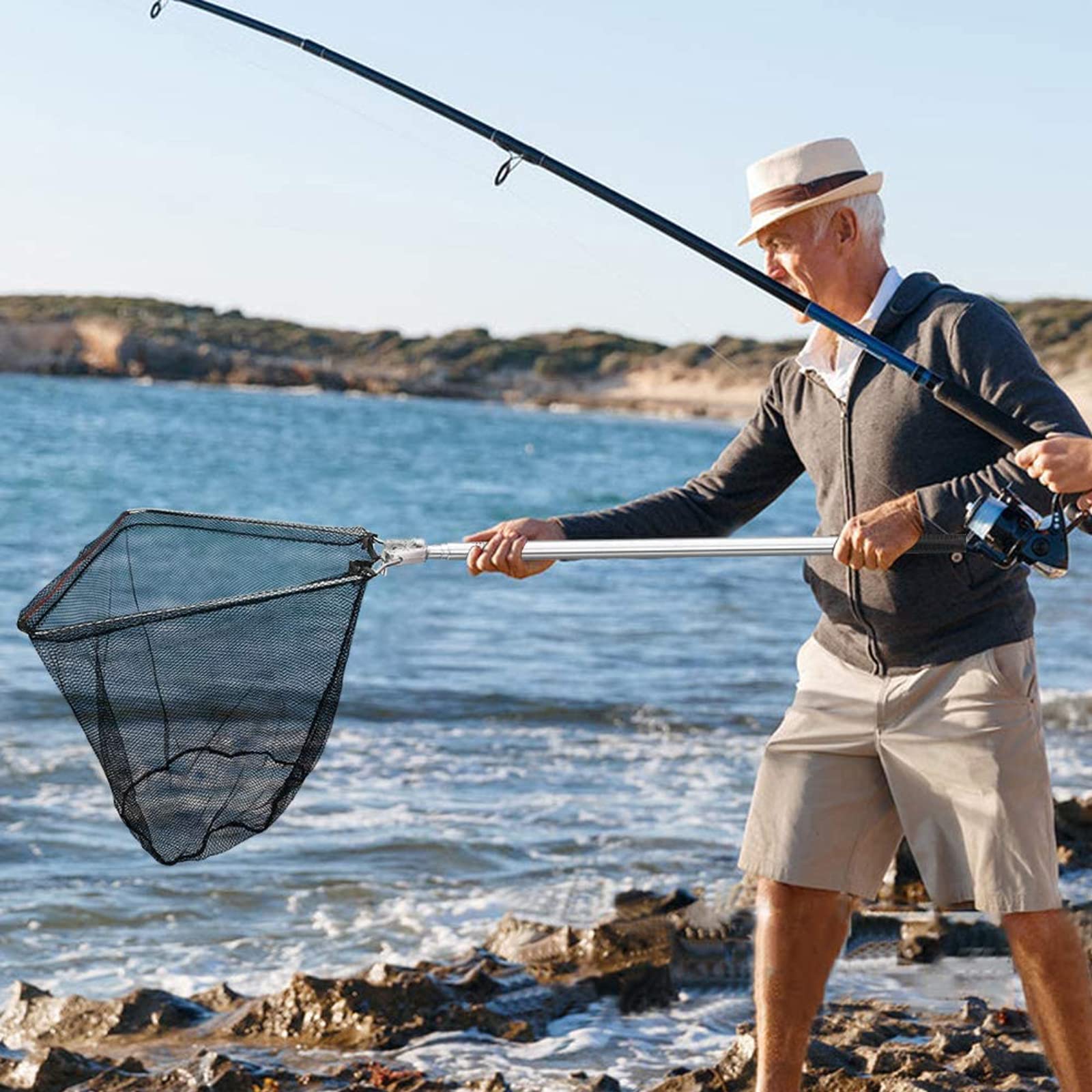 Retino da Pesca Pieghevole Estensibile,1,9m Guadino per Pesca Telescopico,Alluminio Manico Estendi la Lunghezza,Triangolare,per pesca di uccelli,acquario,oggetti galleggianti per stagni,trota carpa
