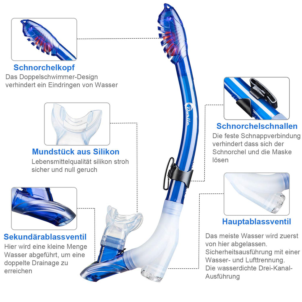 Dorlle Set da snorkeling con boccaglio e occhiali da immersione, impermeabile, anti-appannamento, in vetro temperato, con boccaglio a 3 canali Premium Dry per adulti