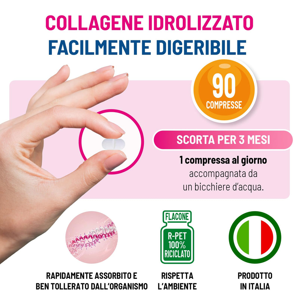 Equilibra Integratori Alimentari, Collagene Q10 Acido Ialuronico, Benessere e Bellezza della Pelle, a Base di Collagene Idrolizzato, Acido Ialuronico, Coenzima Q10, Vitamine C ed E, 90 Compresse