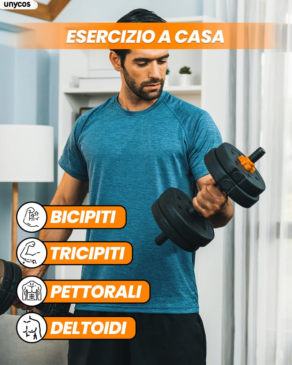 unycos - Manubri Regolabili con Dischi 10-40 kg【E-Book con 50 Esercizi】Coppia di Pesi con Barra di Collegamento Antiscivolo per Allenamento, Palestra in Casa, Fitness (Red/Orange Transformer)