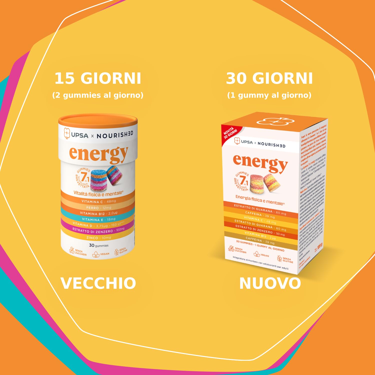UPSA x Nourished Energy, 60 Gummies Integratore alimentare con Guaranà, Zenzero, Caffeina, Vitamina C e B12 caramelle gommose gusto grutta, senza zucchero, vegan