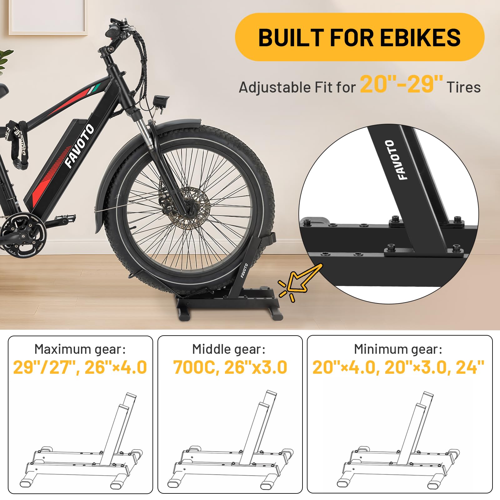 Favoto Cavalletto per E-Bike e Biciclette - Supporto da Pavimento per Bici Elettriche e Tradizionali da 20-29 Pollici Corsa Mountain Capacità Massima 38kg Nero