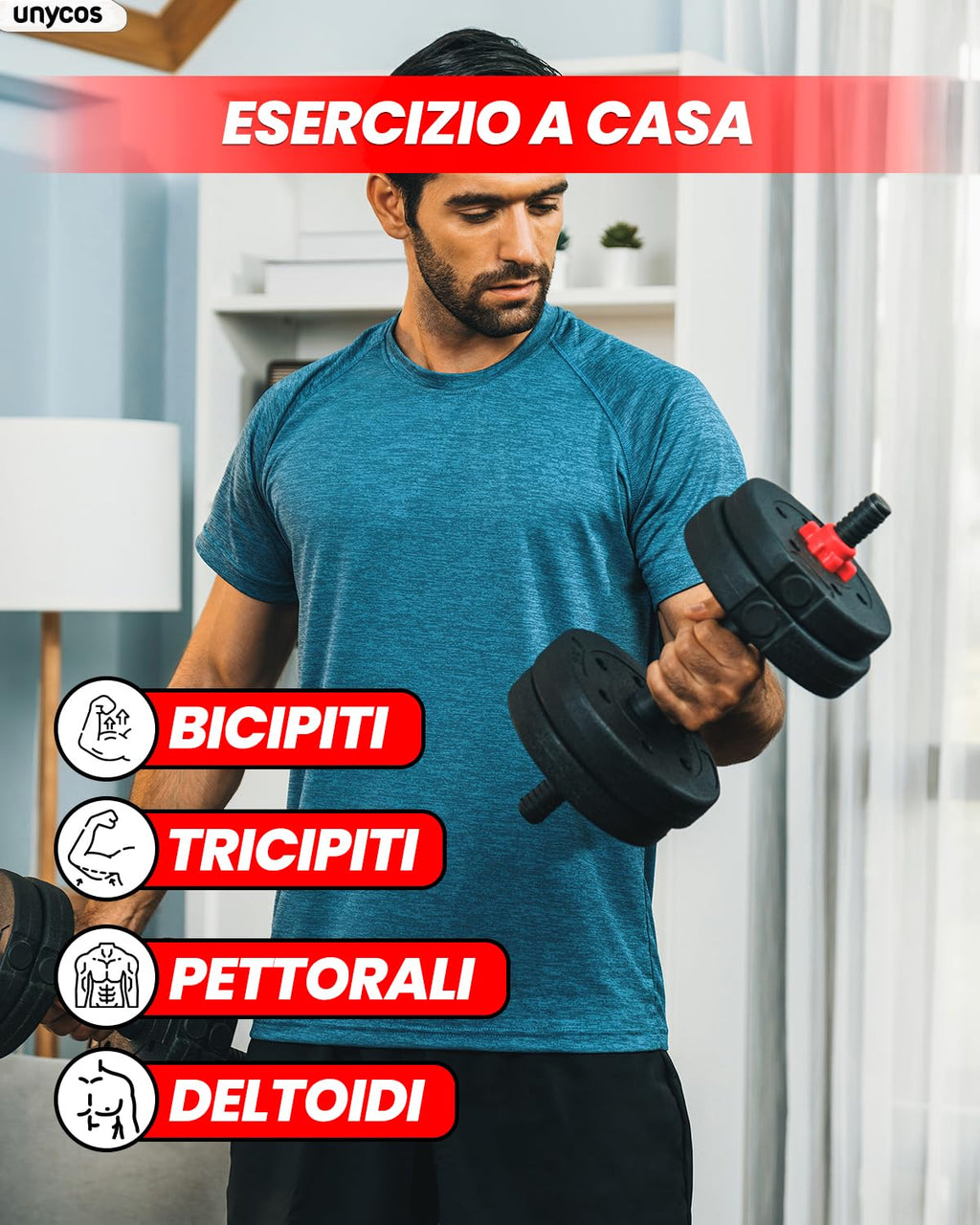 unycos - Manubri Regolabili con Dischi 10-40 kg【E-Book con 50 Esercizi】Coppia di Pesi con Barra di Collegamento Antiscivolo per Allenamento, Palestra in Casa, Fitness (Red/Orange Transformer)