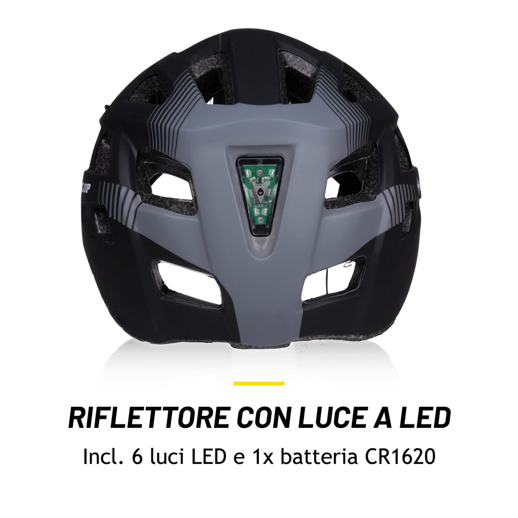 Dunlop Casco da bicicletta con luce - Casco da bicicletta per uomo e donna - Regolabile da 55 a 58 cm - Misura del casco da bicicletta - con illuminazione a LED - 3 modalità di luce - Nero