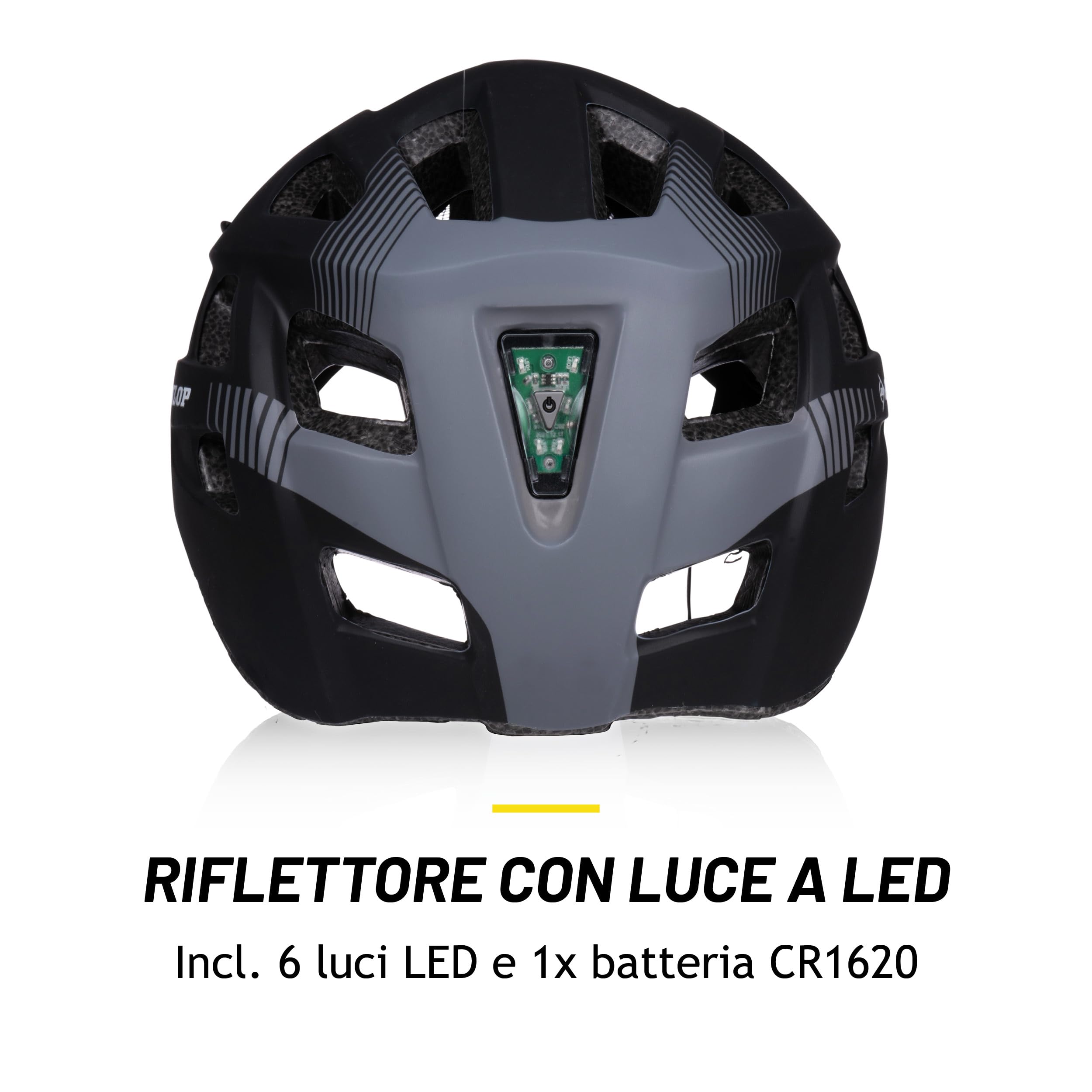 Dunlop Casco da bicicletta con luce - Casco da bicicletta per uomo e donna - Regolabile da 55 a 58 cm - Misura del casco da bicicletta - con illuminazione a LED - 3 modalità di luce - Nero
