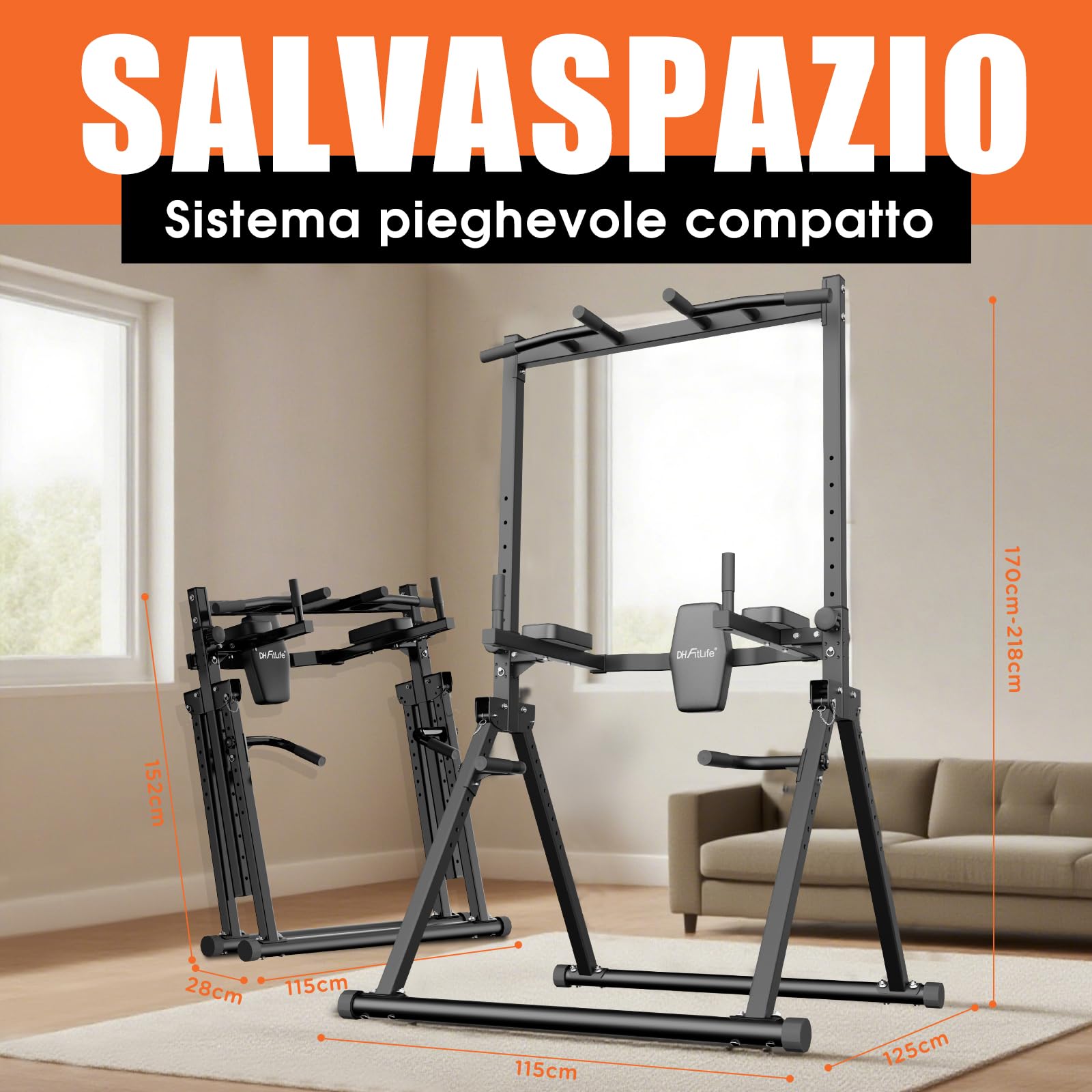 DH FitLife Power Tower Station de Musculation Pliable | Barre de Traction Autoportante avec Barres de Dips Parallèles et Supports d'Haltères/Dossier | Station de Fitness Multifonctionnelle | Power Rack pour Gym à Domicile