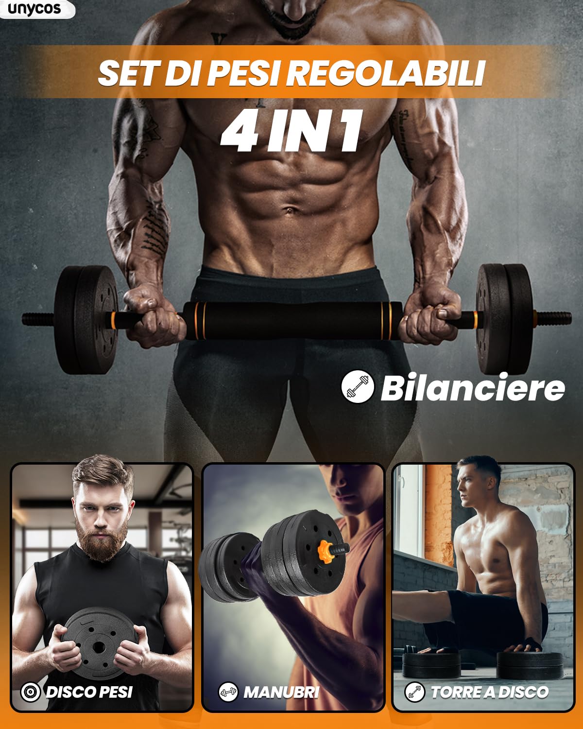 unycos - Manubri Regolabili con Dischi 10-40 kg【E-Book con 50 Esercizi】Coppia di Pesi con Barra di Collegamento Antiscivolo per Allenamento, Palestra in Casa, Fitness (Red/Orange Transformer)