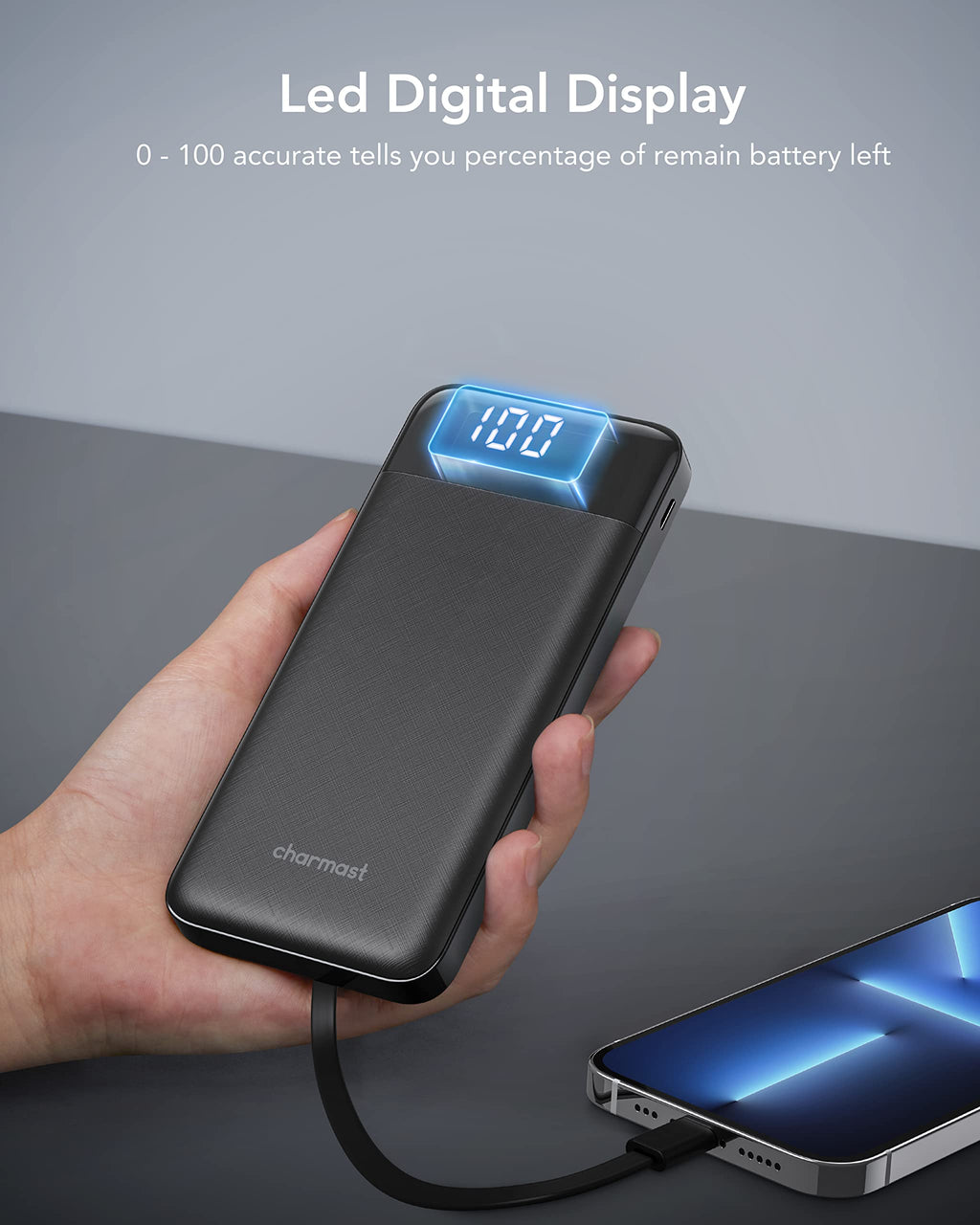Charmast Power Bank 10000mAh con Cavi Integrati,Caricatore Portatile USB C 5V/3A Powerbank LED Display con 6 Uscite e 3 ingressi per iPhone Samsung Huawei Xiaomi