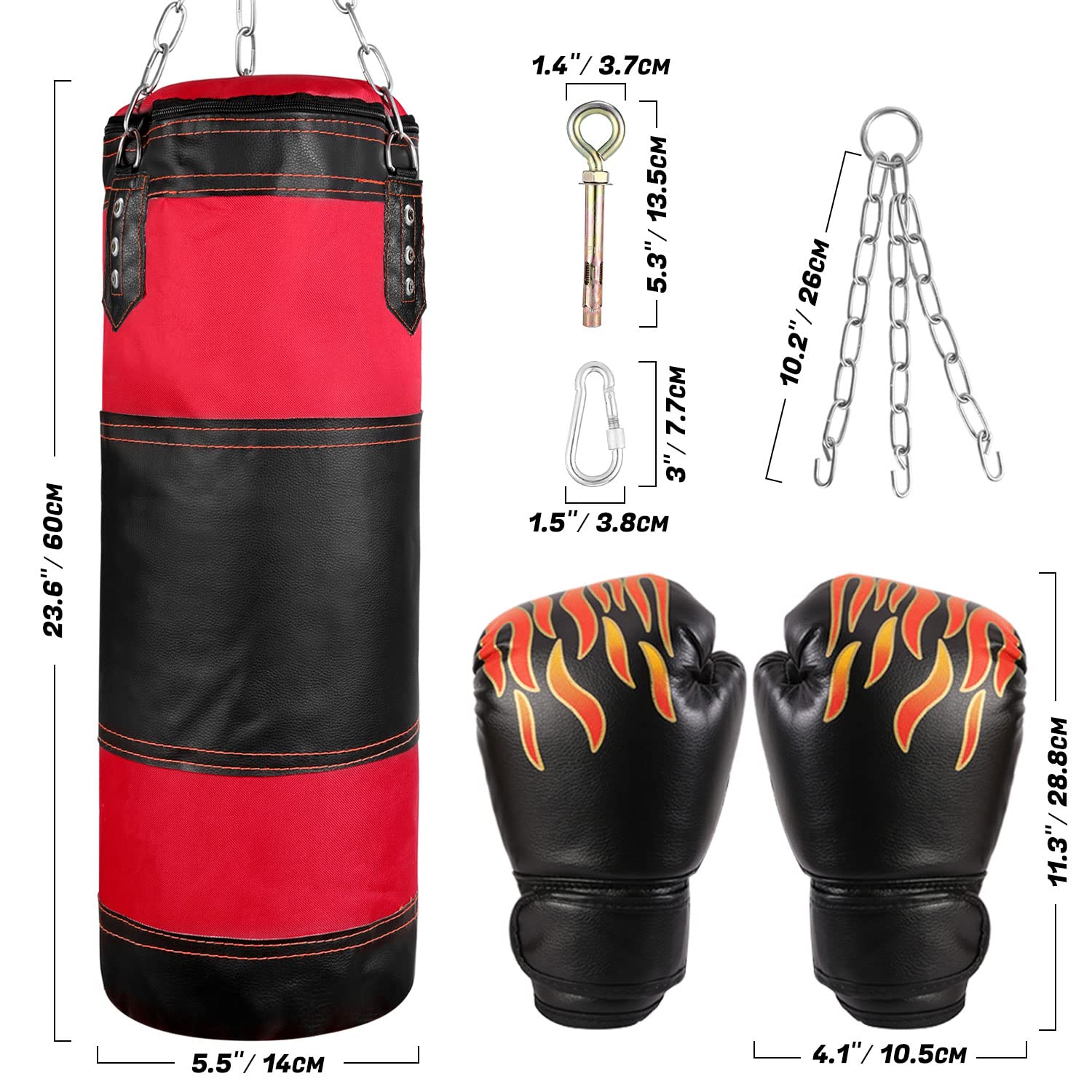 Odoland Sacco da Boxe Kit 7-in-1 per Bambini, Sacco da Pugilato 60 cm Vuoto con Guantoni da Boxe da 6 Once e Maniche Protettive per Polso della Mano, Catene da Appendere per Sacco da Boxe e Gancio