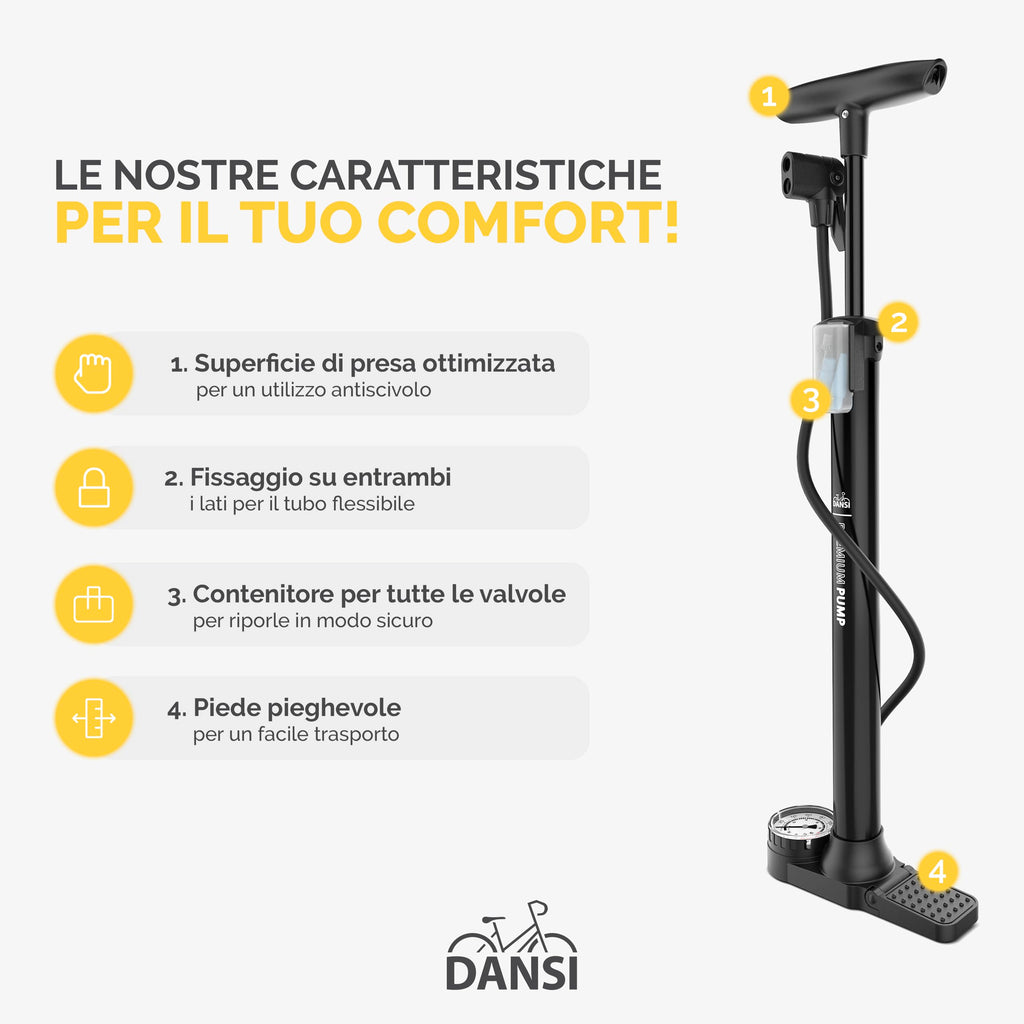 DANSI Pompa per bicicletta a pedale con valvole AV, SV, DV - Pompa ad aria per bicicletta con manometro grande, adattatori e serbatoio | Pompa per moto, bici elettrica, auto e articoli sportivi