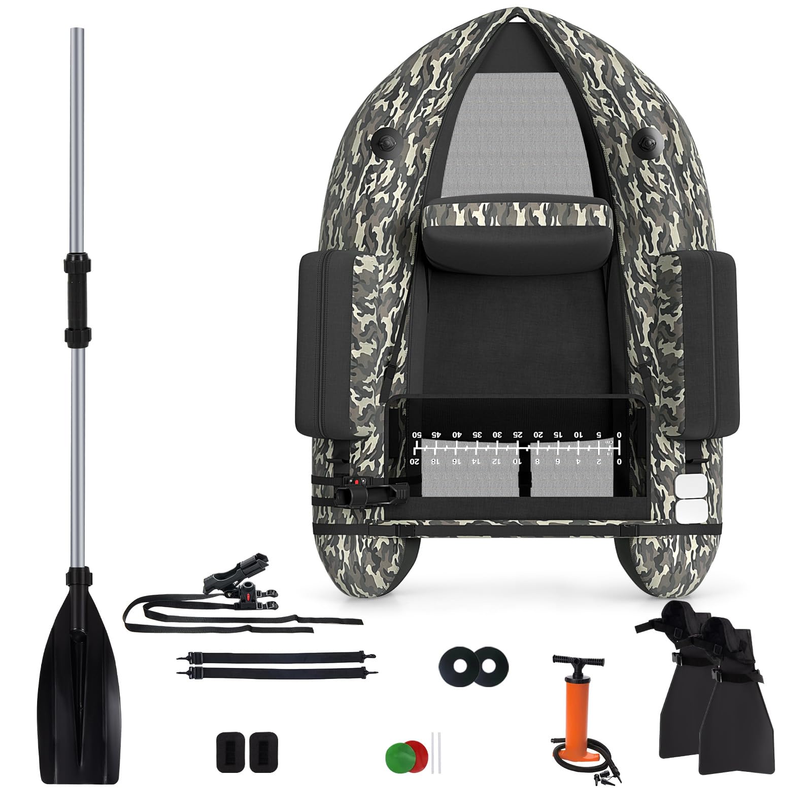 HOMASIS Gommone da Pesca per Adulti, Gommone Gonfiabile con Pinne in PP e Pagaia in Alluminio, Canotto da Pesca con Attrezzatura Completa, Portata 160 kg, 136 x 105 x 54 cm