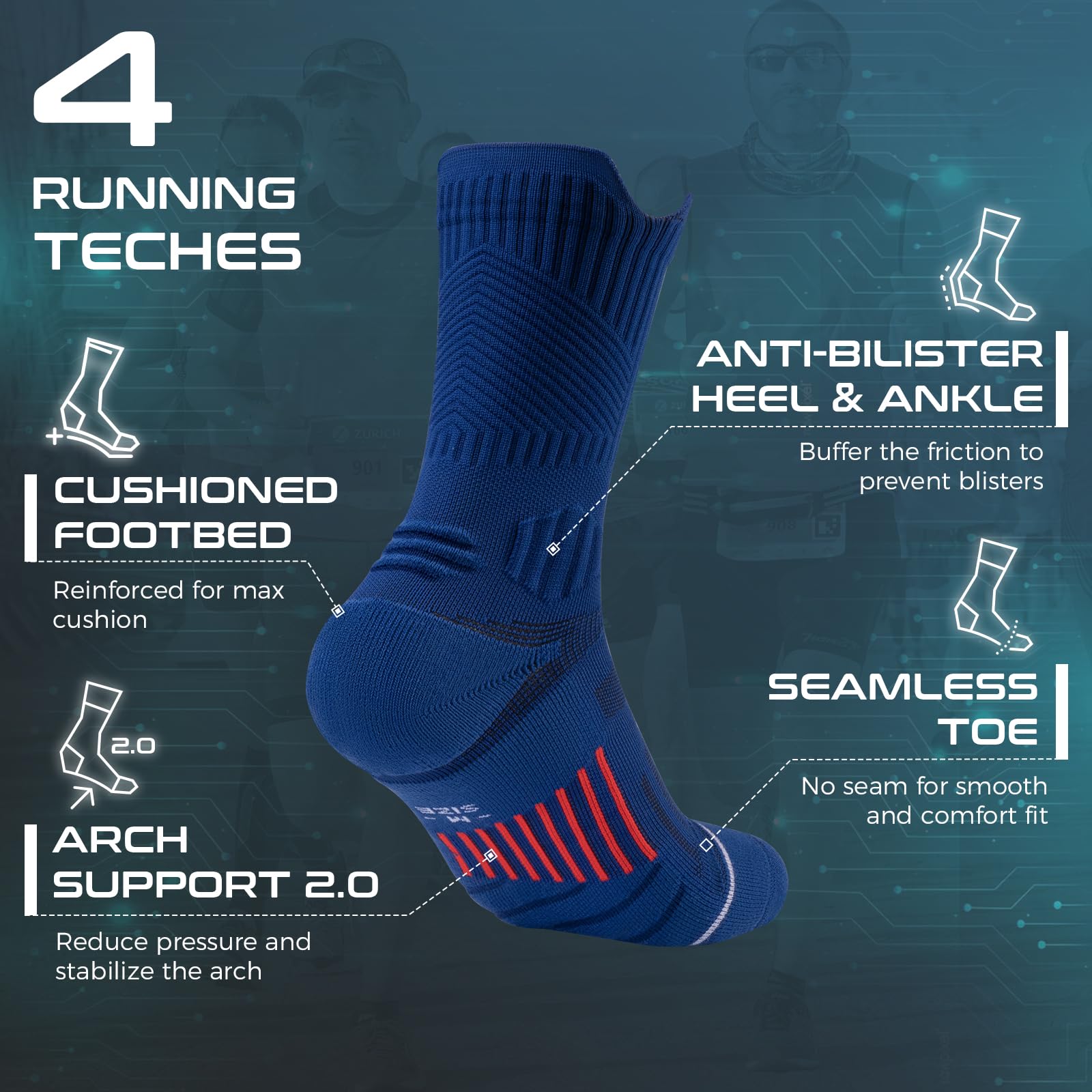 Coolmax Compressione 3 Paia Calzini Running Uomo Calze da Corsa Trekking Padel Uomo, Anti-Vesciche & Con Supporto Dell'arco Plantare, 35-51