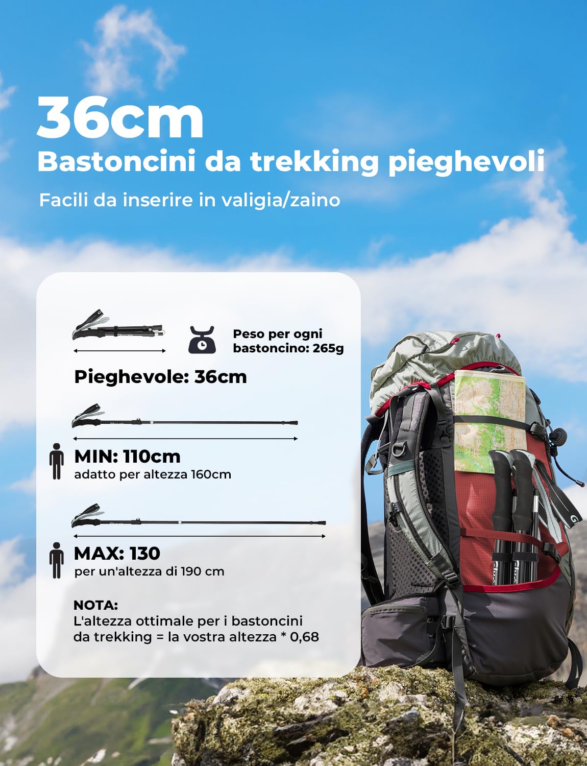 Glymnis Bastoni Trekking Bastoncini da Trekking Pieghevoli e Antiurto 110-130cm 5 Sezioni in Alluminio 7075 Impugnatura in Eva Punta in Carburo di Tungsteno per Escursioni 1 Paio