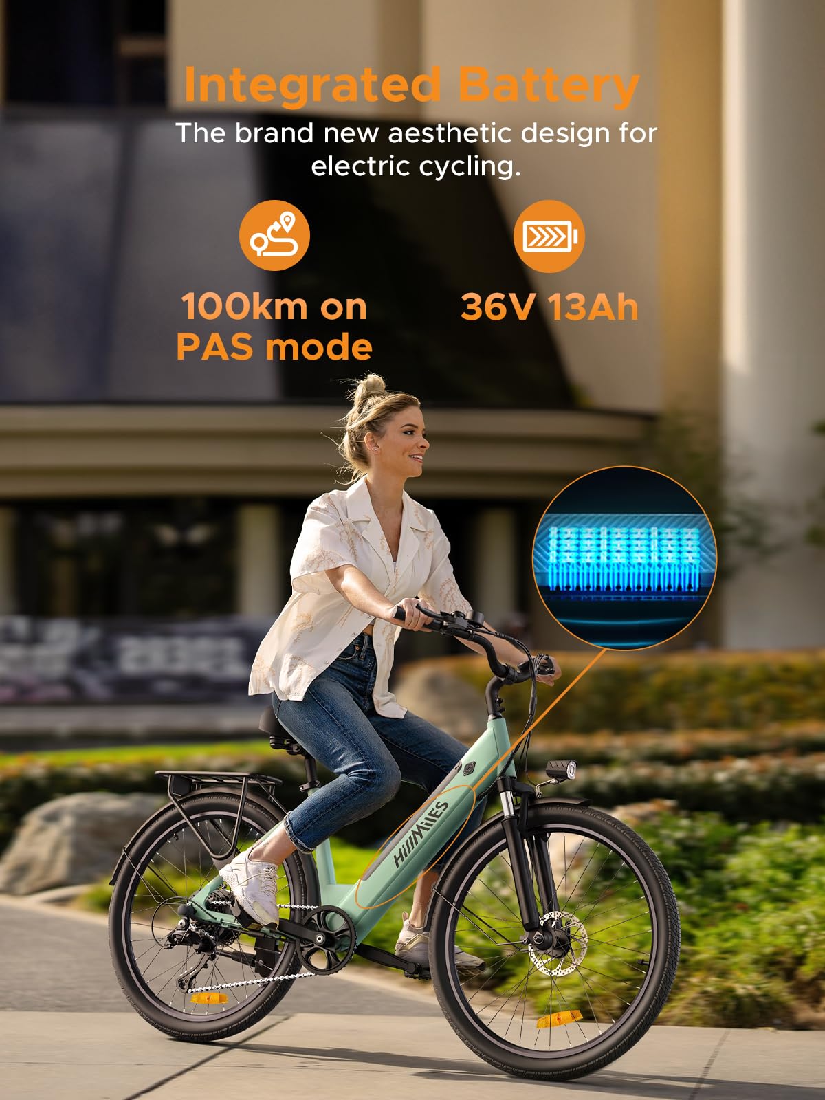 HillMiles MileCity1 Bicicletta elettrica per adulti da 26", batteria rimovibile da 36V 13Ah a 7 velocità, e-bike da 25 km/h e 80-100 km di autonomia per pendolari urbani