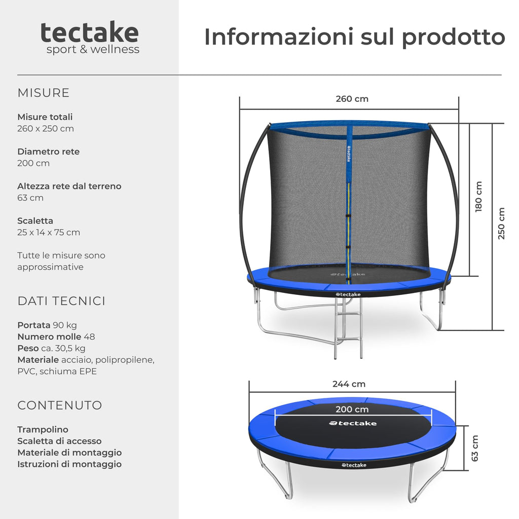 tectake® Trampoline de jardin, pour le fitness et le jeu, pour enfants et adultes, avec filet de sécurité et échelle