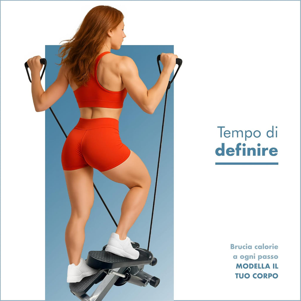 PORTENTUM Mini stepper fitness casa con bande di resistenza e schermo LCD 5 funzioni — Step 3-in-1 per gambe, glutei e braccia — Intensità regolabile — Attrezzi palestra compatti e facili da riporre