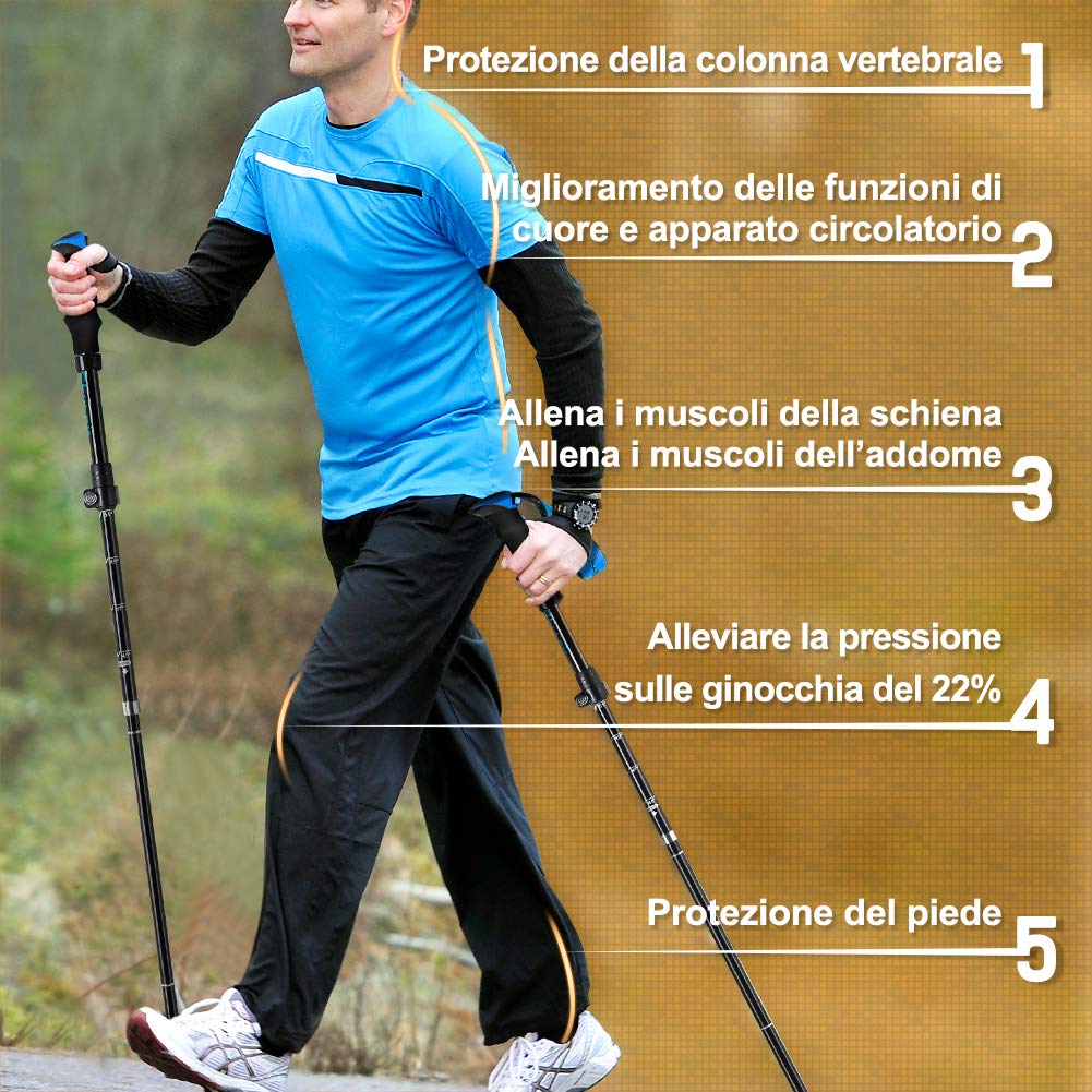 Glymnis Bastoni Trekking Bastoncini da Trekking Pieghevoli e Antiurto 110-130cm 5 Sezioni in Alluminio 7075 Impugnatura in Eva Punta in Carburo di Tungsteno per Escursioni 1 Paio