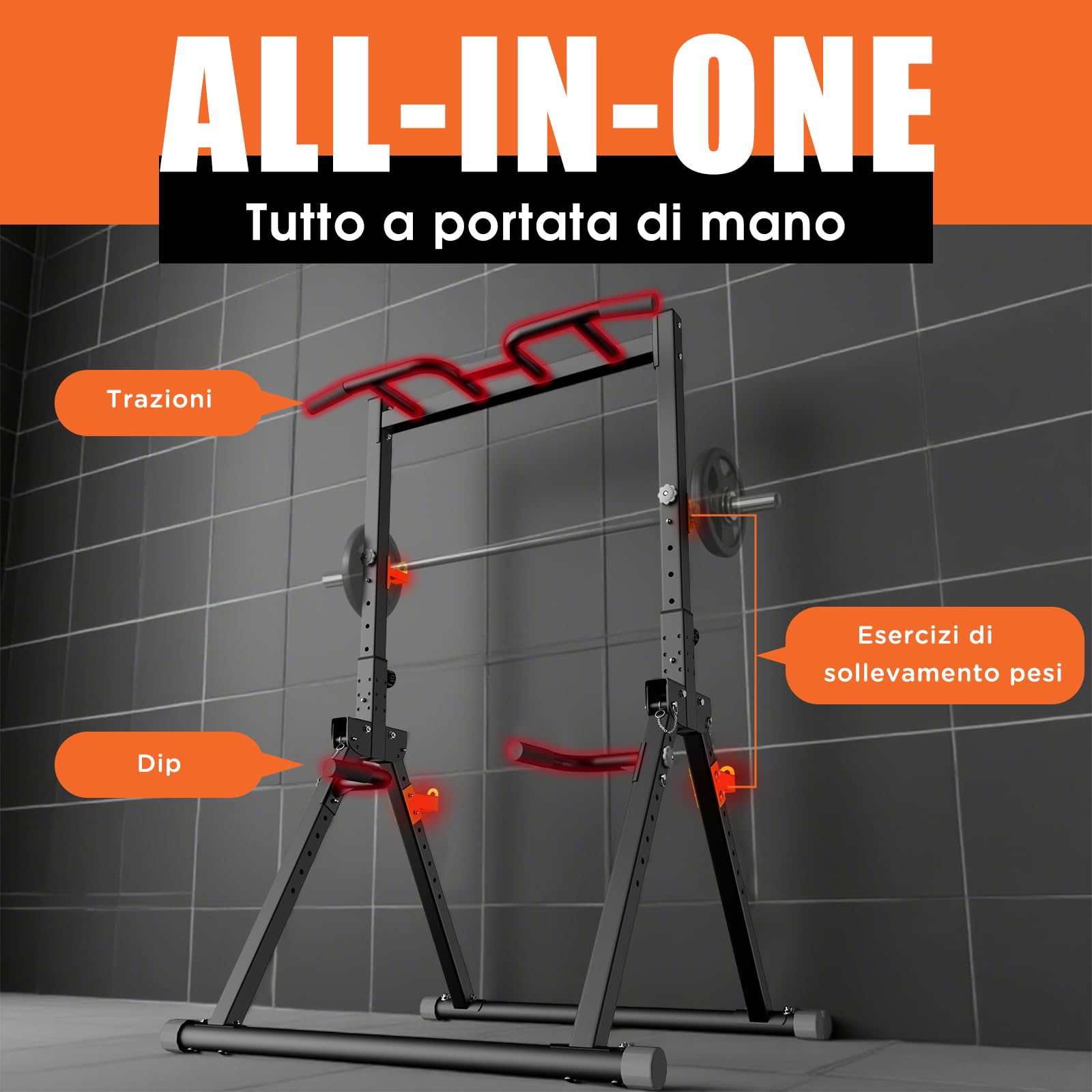 DH FitLife Power Tower Dip Station Pieghevole | Barra per Trazioni Autoportante con Dip Parallele e Supporti per Bilanciere/Schienale | Stazione Fitness Multifunzionale | Power Rack for Home Gym