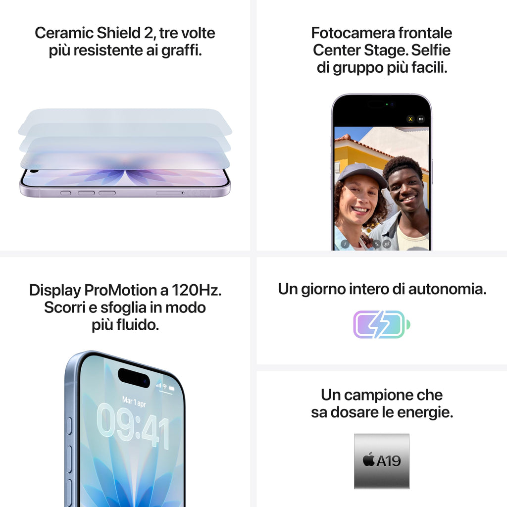 Apple iPhone 17 256 GB: display 6,3" con ProMotion, chip A19, fotocamera frontale Center Stage per selfie di gruppo più facili, più resistenza ai graffi, un giorno intero di batteria; Salvia