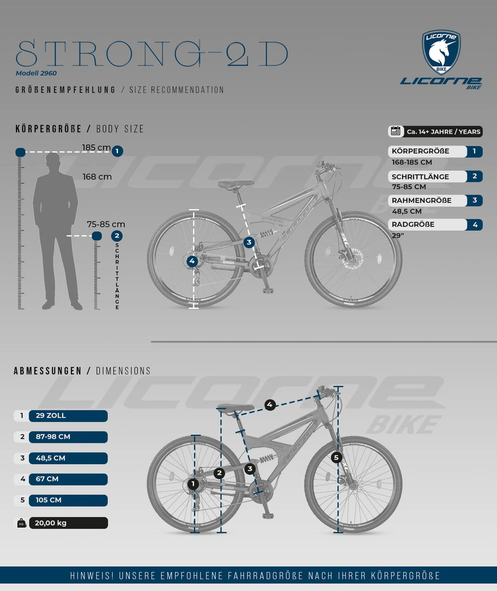 Licorne Bike - VTT Premium Strong 2D 26, 27,5 et 29 pouces, vélo avec freins à disque avant et arrière, 21 vitesses, tout suspendu