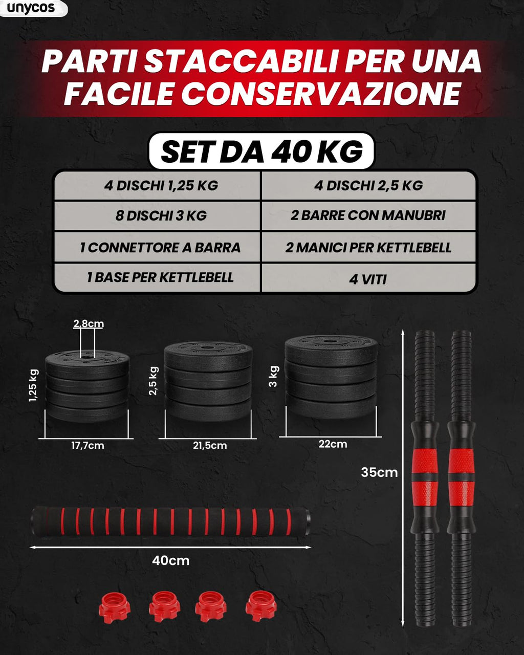 unycos - Manubri Regolabili con Dischi 10-40 kg【E-Book con 50 Esercizi】Coppia di Pesi con Barra di Collegamento Antiscivolo per Allenamento, Palestra in Casa, Fitness (Red/Orange Transformer)