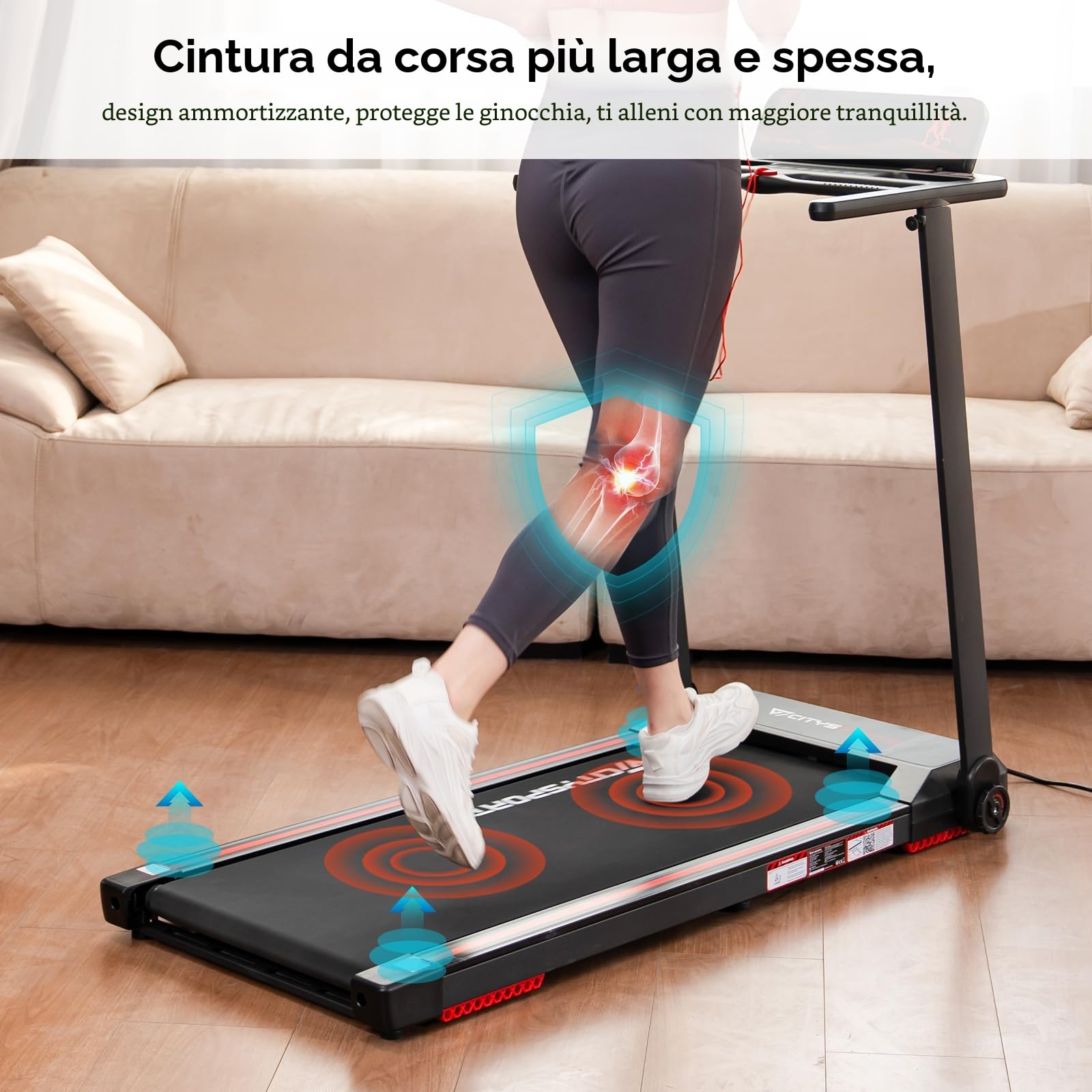 CITYSPORTS Tapis Roulant Elettrico Pieghevole 1-12km/h, Salvaspazio Con Display a LED, Supporto per App e Tablet a 360°, Compatto per Casa e Ufficio