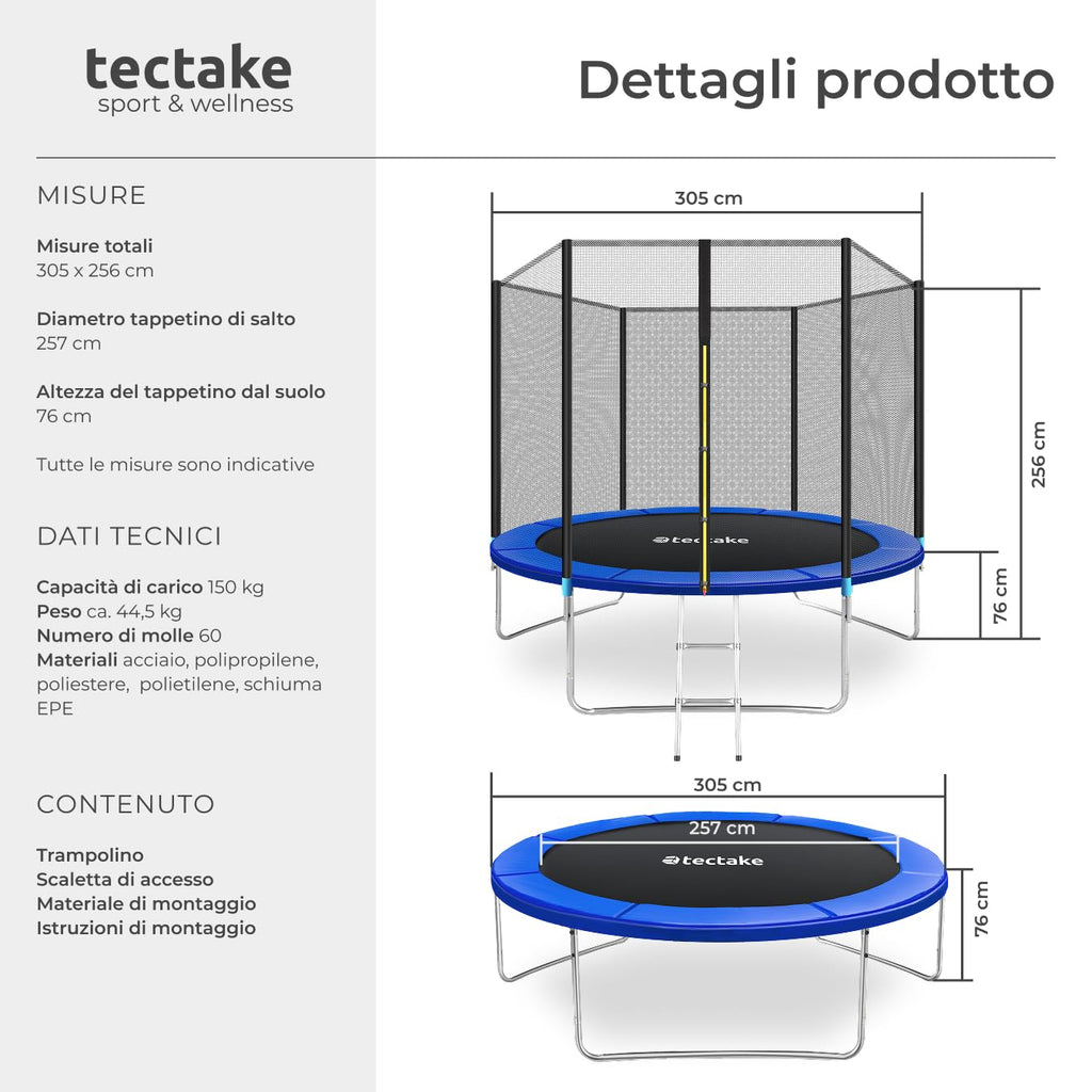 tectake® Trampoline de jardin, pour le fitness et le jeu, pour enfants et adultes, avec filet de sécurité et échelle