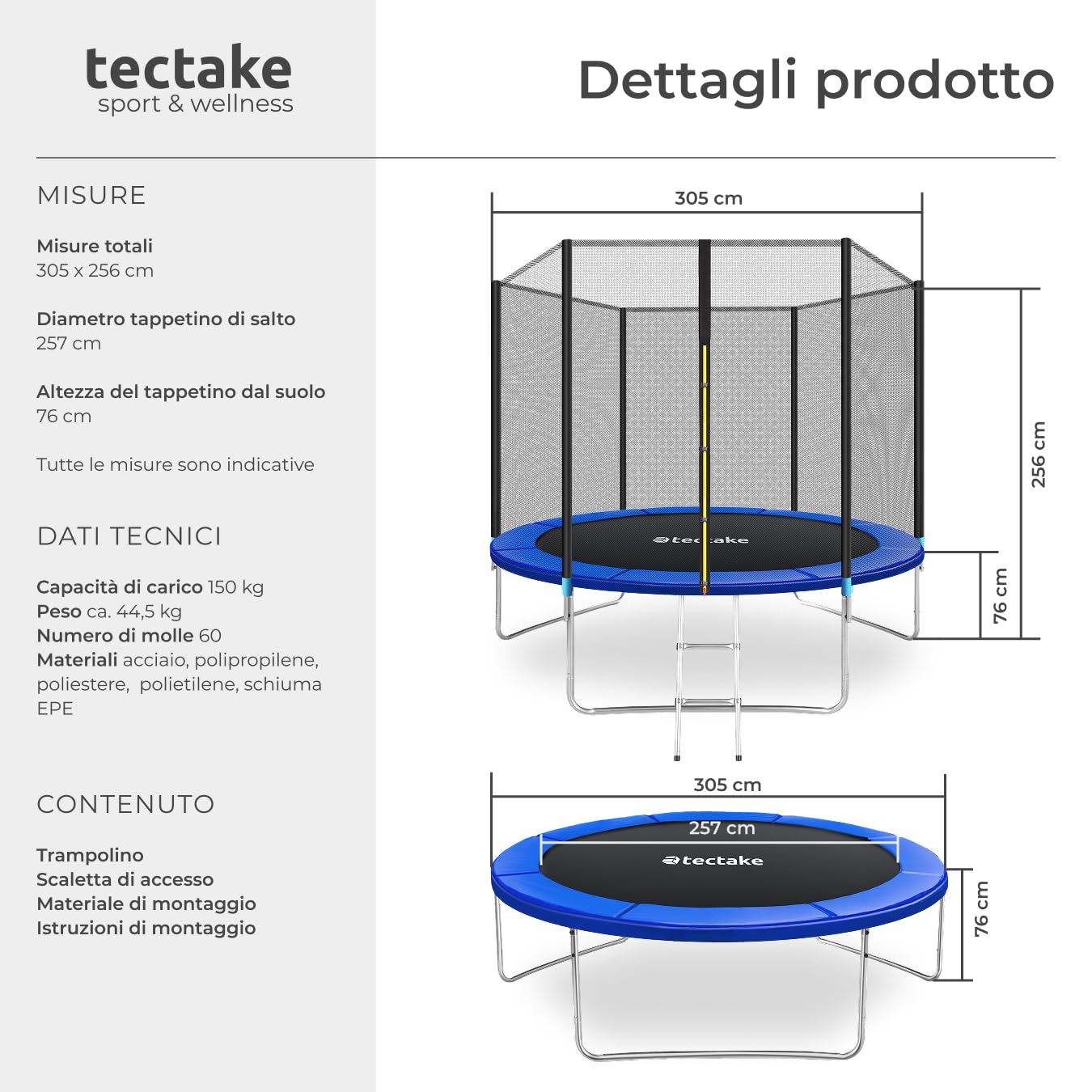 tectake® Trampoline de jardin, pour le fitness et le jeu, pour enfants et adultes, avec filet de sécurité et échelle
