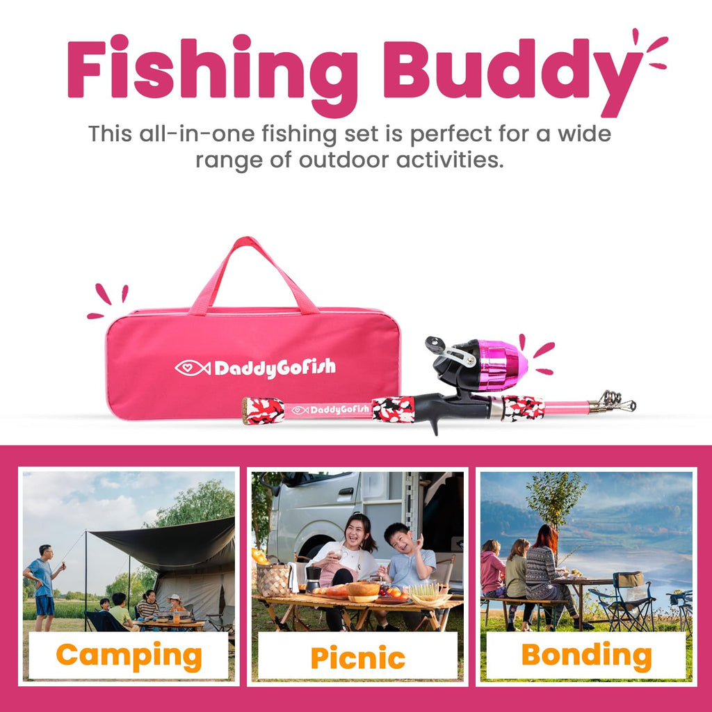 DaddyGoFish Kids Canna da Pesca Telescopica Spincast Combo Sedia Pieghevole Portacanna Tackle Box Bait Net Ragazzi Ragazze