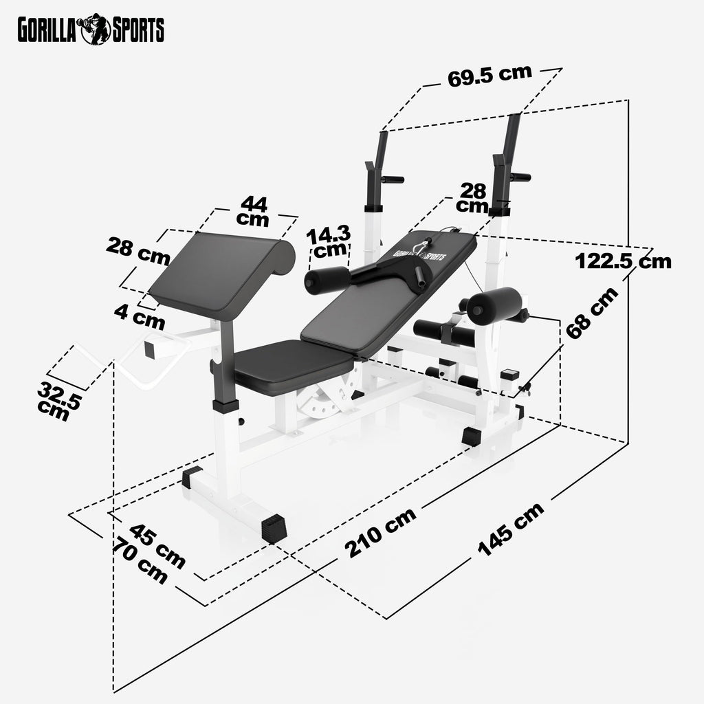 Gorilla Sports® Panca Multifunzione - Schienale Regolabile, Portabilanciere, Butterfly, Curl per Gambe, Nero/Bianco - Panca Pesi, Stazione Fitness