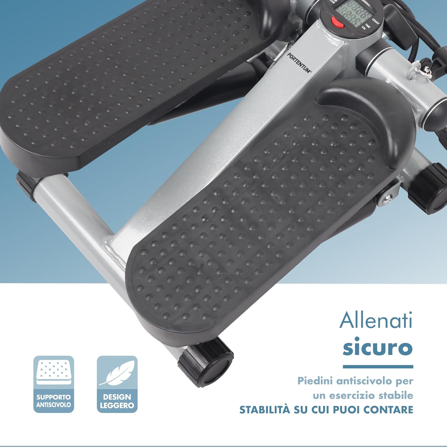 PORTENTUM Mini stepper fitness casa con bande di resistenza e schermo LCD 5 funzioni — Step 3-in-1 per gambe, glutei e braccia — Intensità regolabile — Attrezzi palestra compatti e facili da riporre
