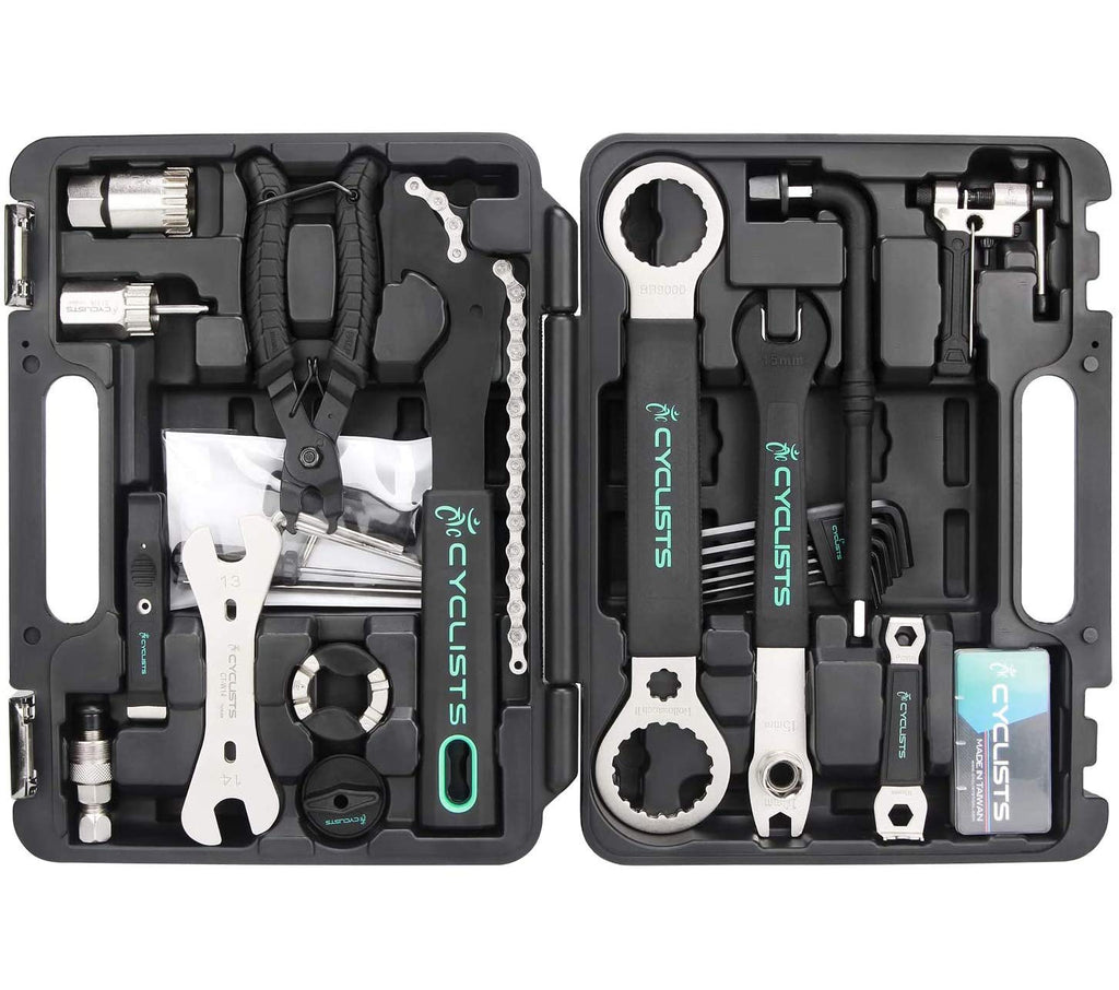 cyclists Kit di Riparazione Bici Portatile, Valigetta Attrezzi per Riparazioni Catene e Pneumatici, Set Completo di Attrezzi per Bici con Custodia per Trasporto