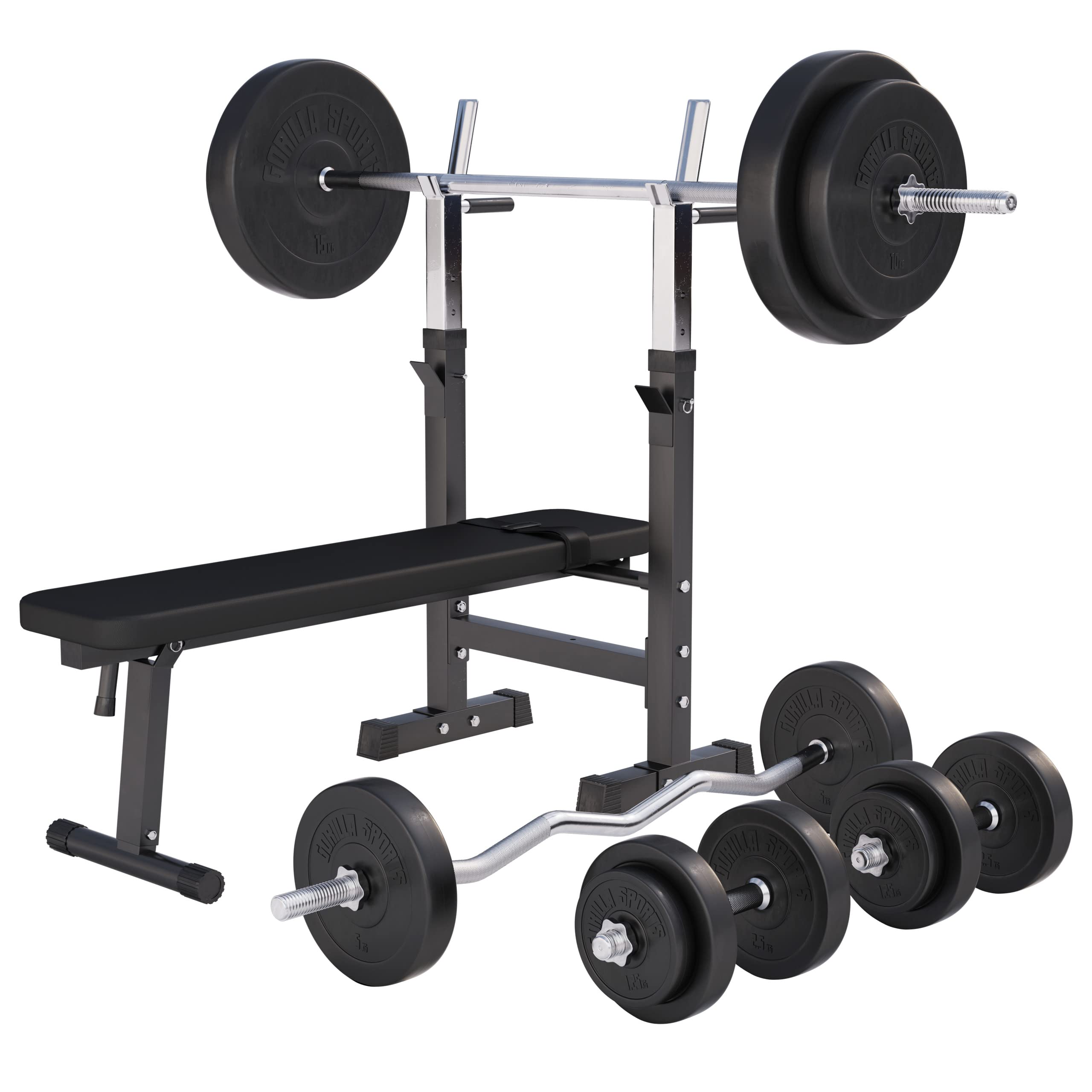 GORILLA SPORTS® Panca Pesi Multifunzione Regolabile – Pieghevole con Porta, Bilanciere e Manubri con Dischi 38/70/100 kg – Piana/Inclinata, Struttura Robusta Max 200 kg – Palestra Casa Fitness