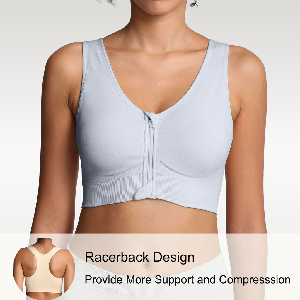 Lemef Soutiens-Gorge de Sport à Fermeture Éclair Avant pour Femmes Soutien-Gorge Post-Chirurgie sans Armature Fermeture Avant Dos Nageur Compression Mastectomie