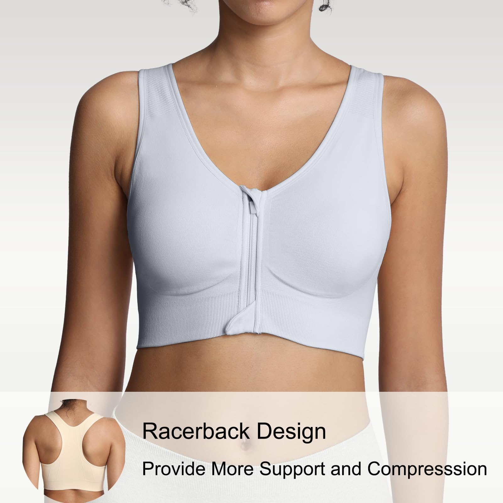 Lemef Soutiens-Gorge de Sport à Fermeture Éclair Avant pour Femmes Soutien-Gorge Post-Chirurgie sans Armature Fermeture Avant Dos Nageur Compression Mastectomie