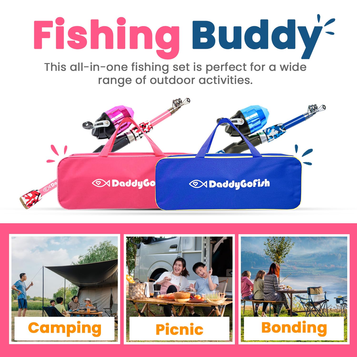 DaddyGoFish Kids Canna da Pesca Telescopica Spincast Combo Sedia Pieghevole Portacanna Tackle Box Bait Net Ragazzi Ragazze