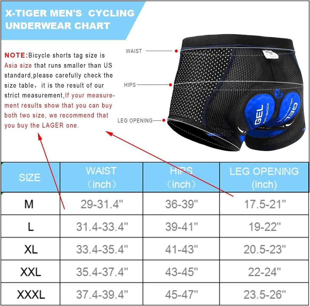 X-TIGER Cuissard cycliste homme avec rembourrage gel 5D respirant sous-vêtement caleçon de cyclisme pour vélo