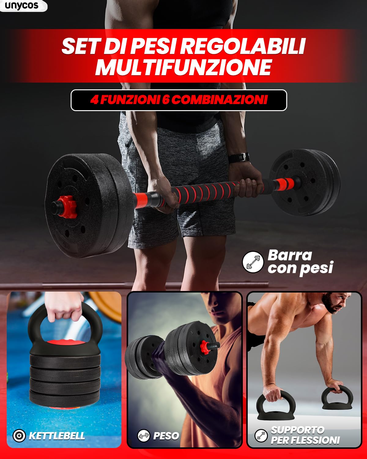 unycos - Manubri Regolabili con Dischi 10-40 kg【E-Book con 50 Esercizi】Coppia di Pesi con Barra di Collegamento Antiscivolo per Allenamento, Palestra in Casa, Fitness (Red/Orange Transformer)