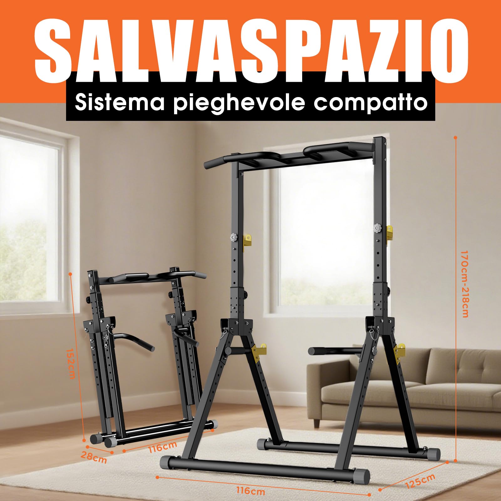 DH FitLife Power Tower Dip Station Pieghevole | Barra per Trazioni Autoportante con Dip Parallele e Supporti per Bilanciere/Schienale | Stazione Fitness Multifunzionale | Power Rack for Home Gym