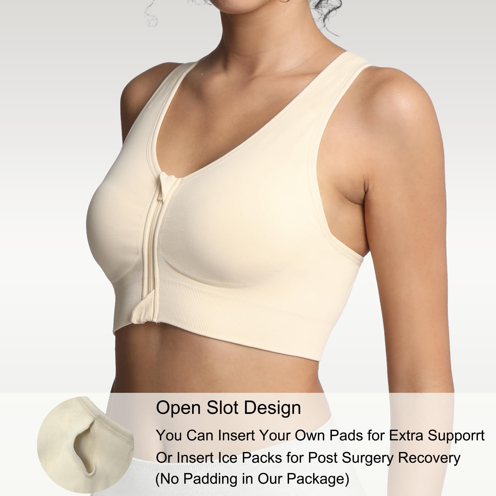 Lemef Soutiens-Gorge de Sport à Fermeture Éclair Avant pour Femmes Soutien-Gorge Post-Chirurgie sans Armature Fermeture Avant Dos Nageur Compression Mastectomie