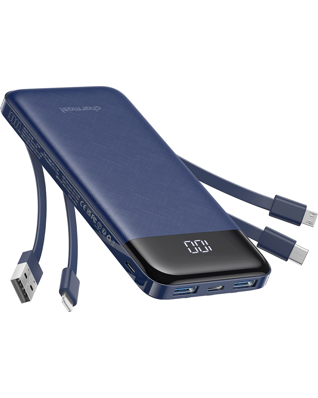 Charmast Power Bank 10000mAh con Cavi Integrati,Caricatore Portatile USB C 5V/3A Powerbank LED Display con 6 Uscite e 3 ingressi per iPhone Samsung Huawei Xiaomi