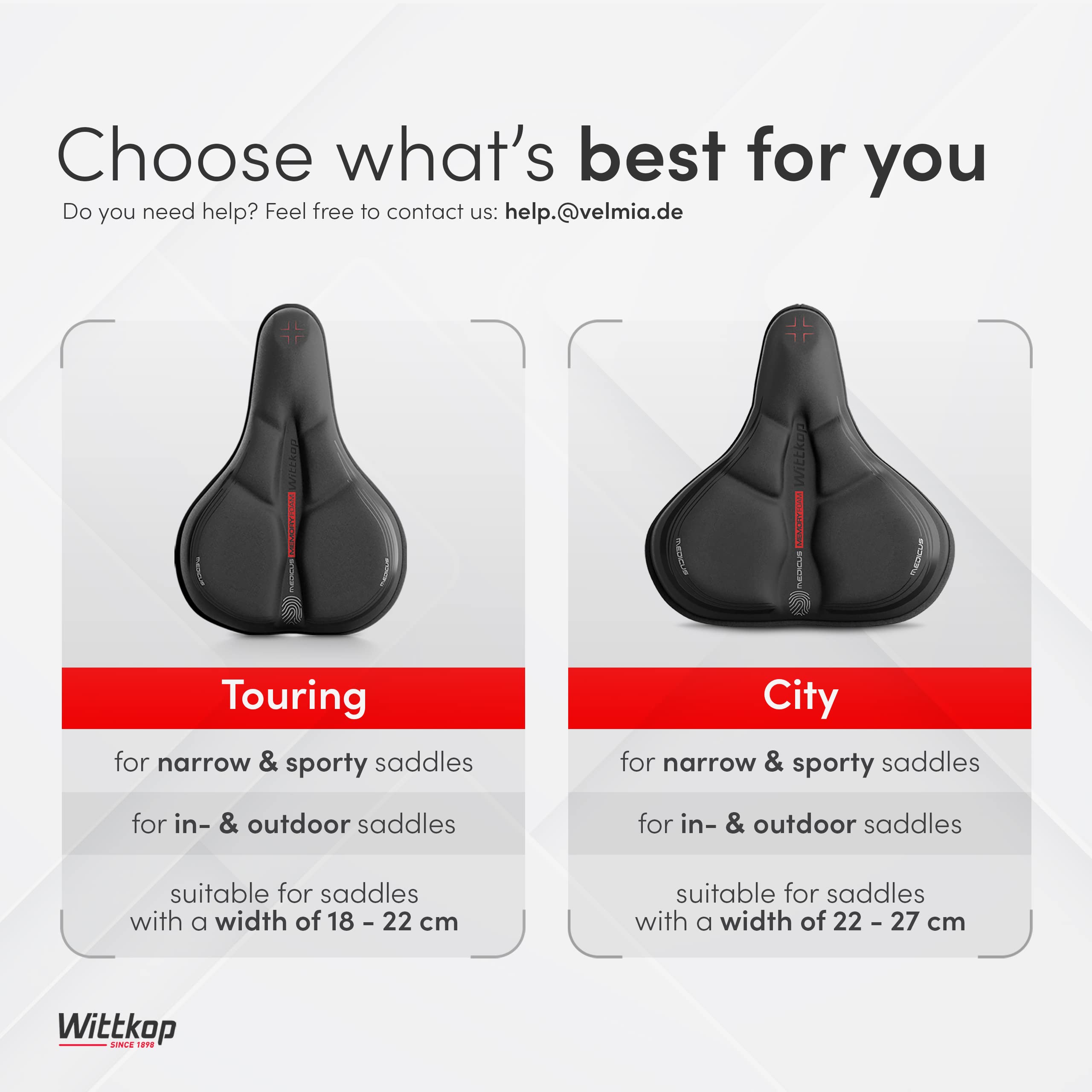 WITTKOP Cuscino per sella da bici in memory foam confortevole I Coprisella da bici per uomo e donna con design ergonomico a 3 zone