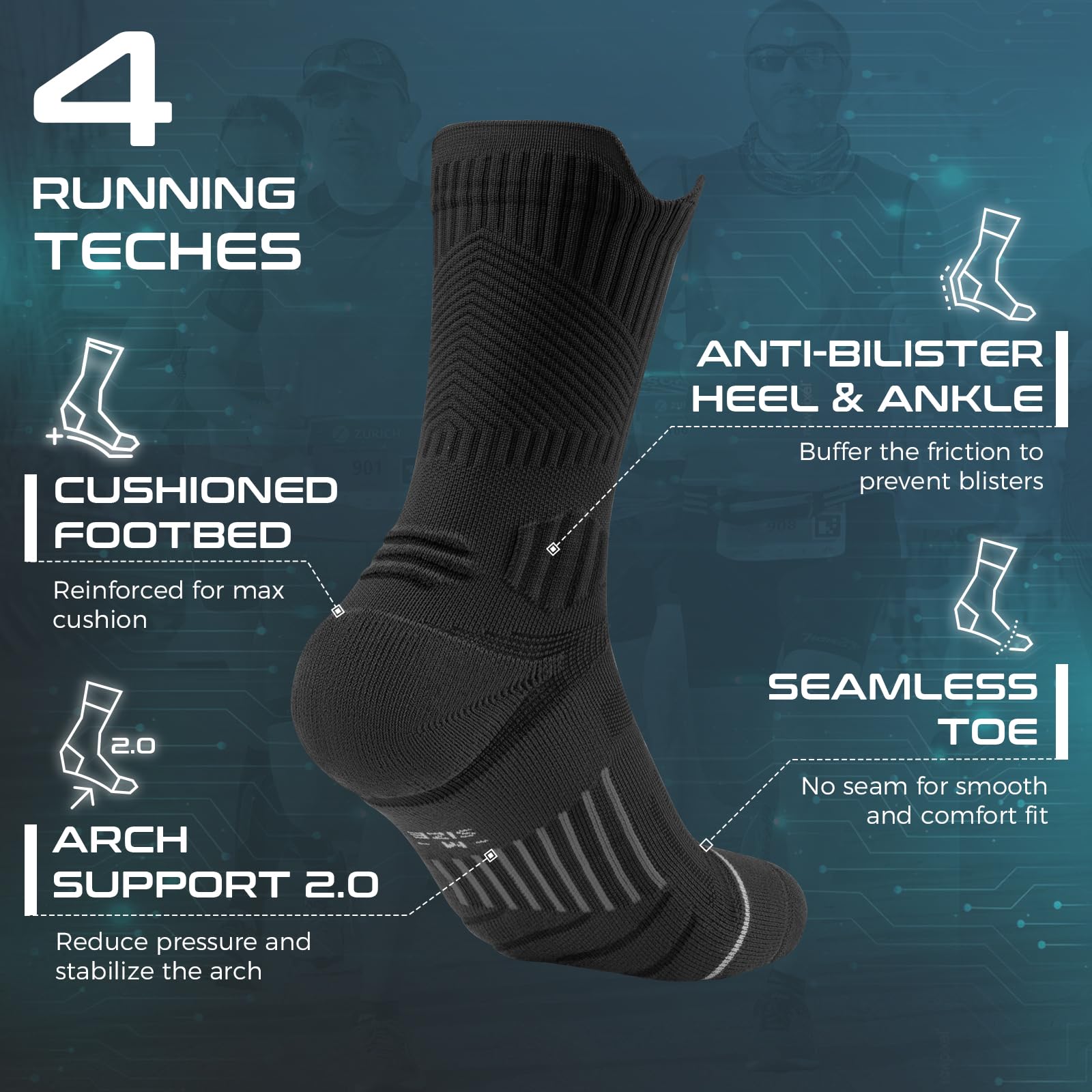 Coolmax Compressione 3 Paia Calzini Running Uomo Calze da Corsa Trekking Padel Uomo, Anti-Vesciche & Con Supporto Dell'arco Plantare, 35-51